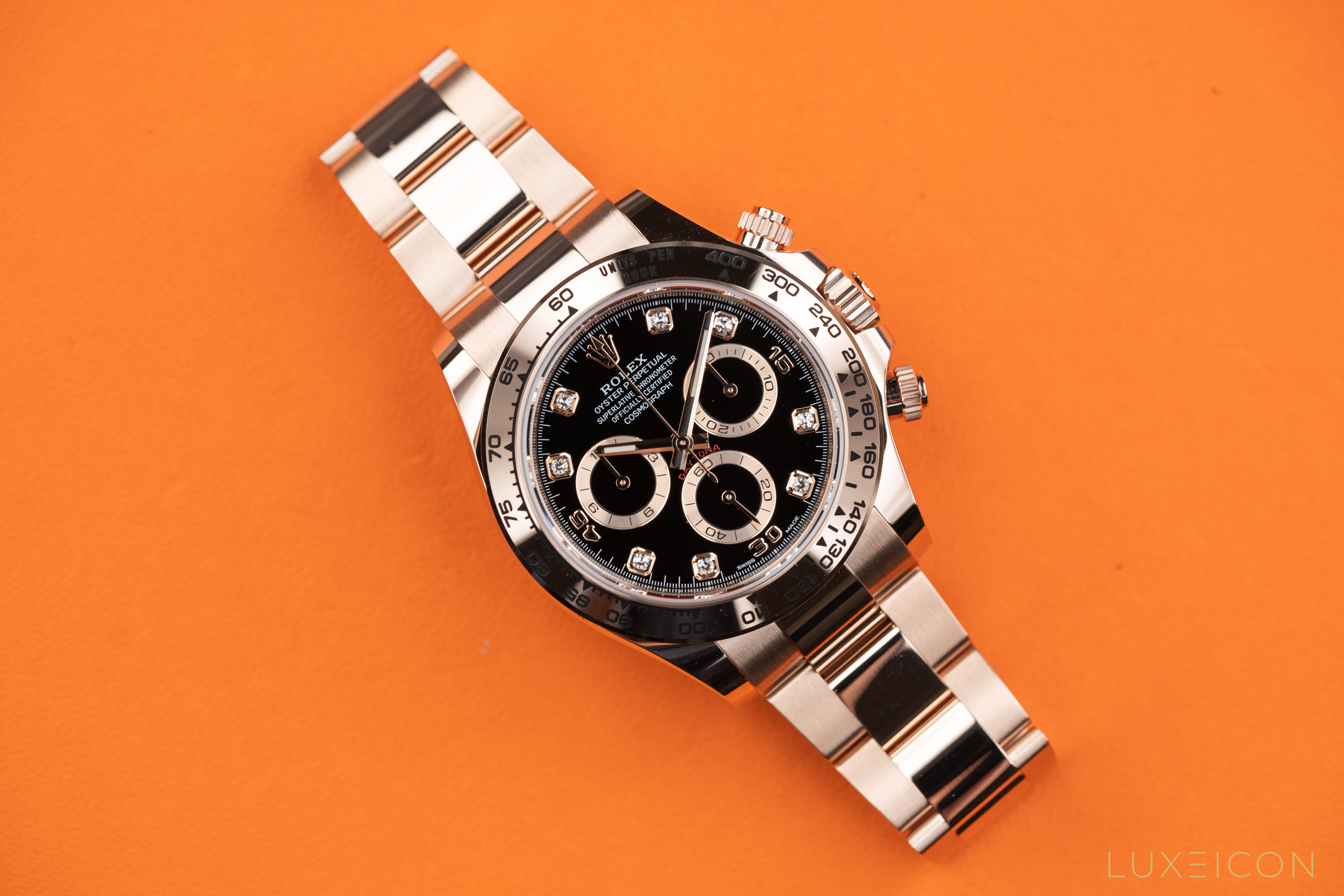 Rolex Cosmograph Daytona Chronograph 18k Rose Gold Black Diamond Dial 116505