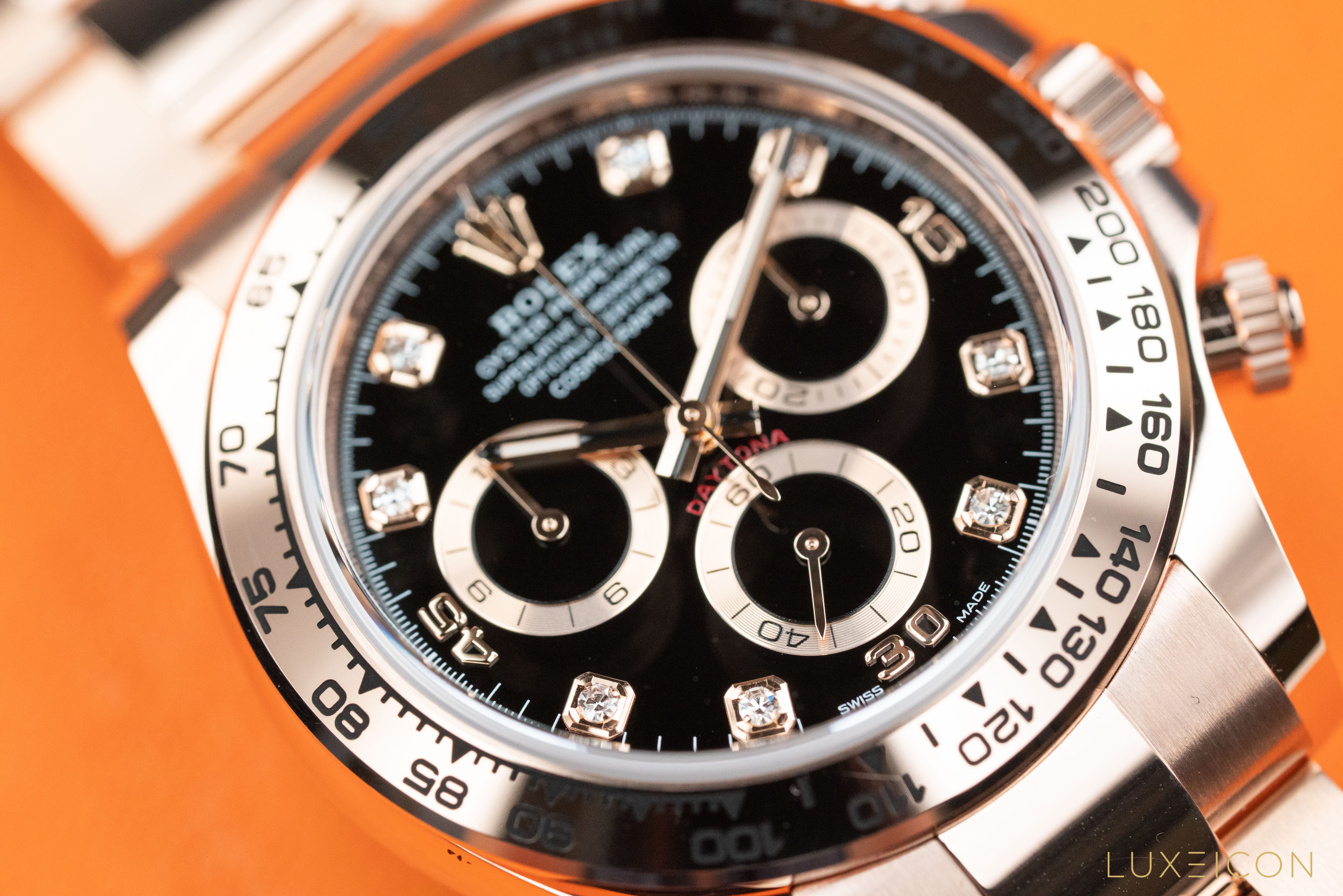 Rolex Cosmograph Daytona Chronograph 18k Rose Gold Black Diamond Dial 116505