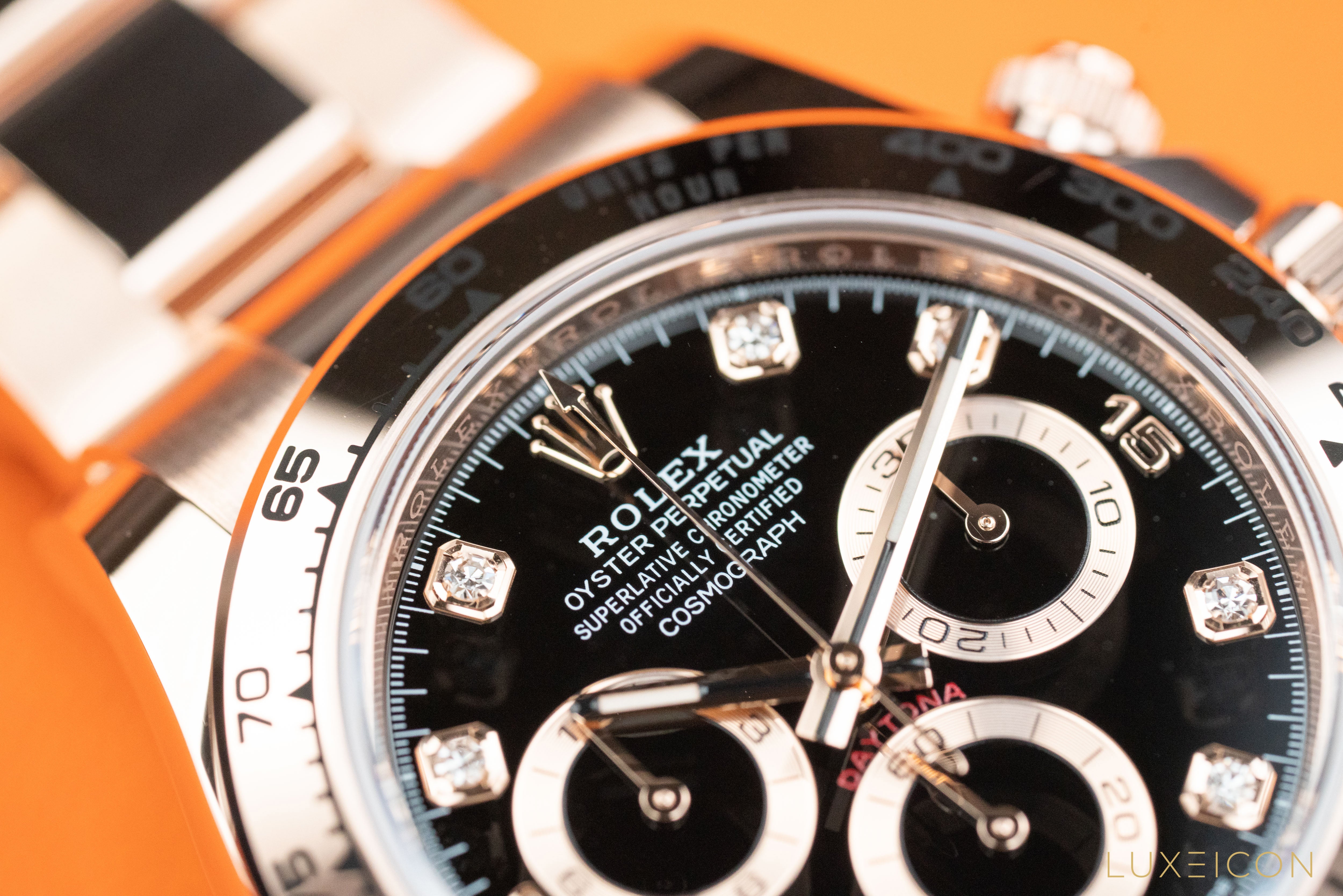 Rolex Cosmograph Daytona Chronograph 18k Rose Gold Black Diamond Dial 116505