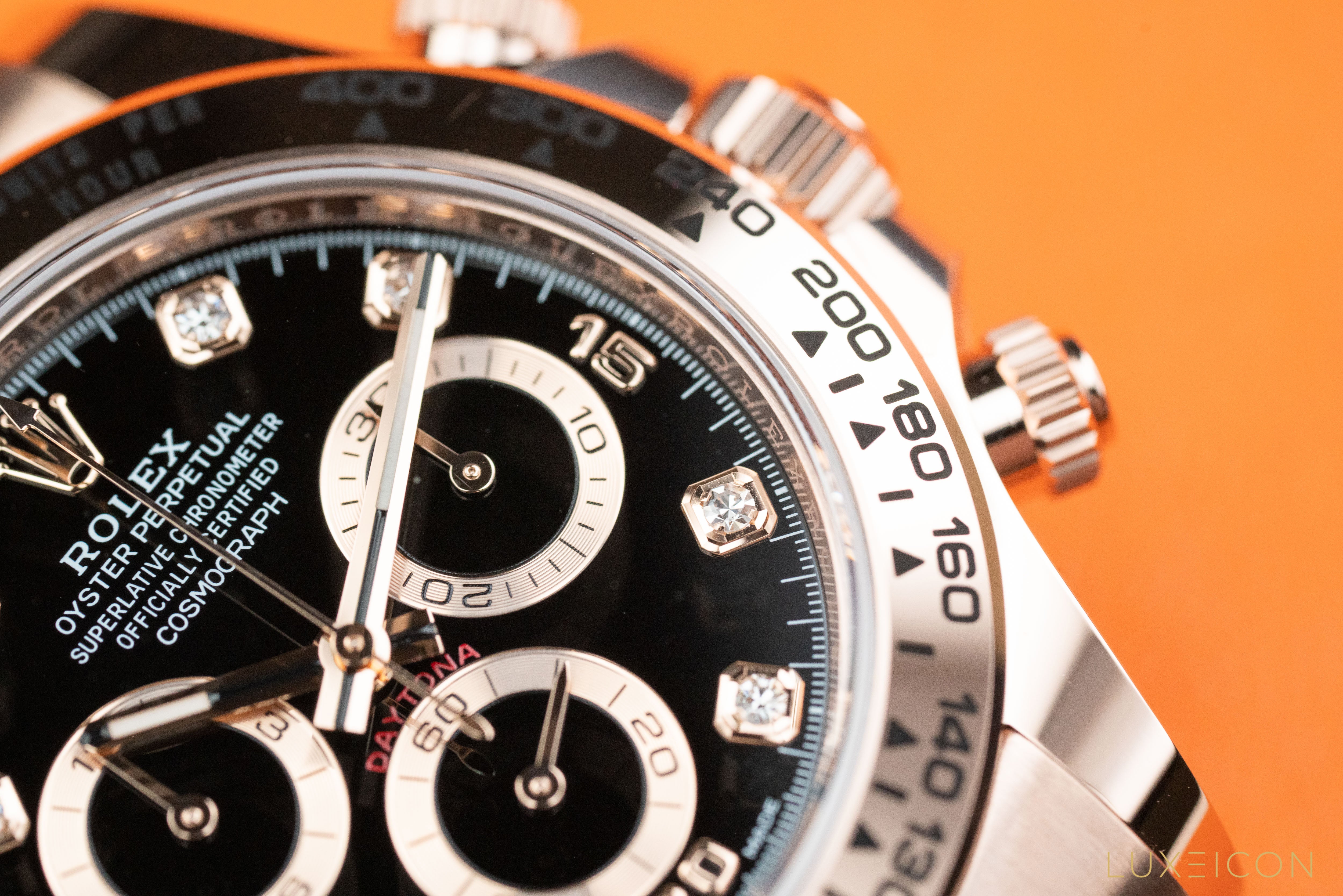 Rolex Cosmograph Daytona Chronograph 18k Rose Gold Black Diamond Dial 116505