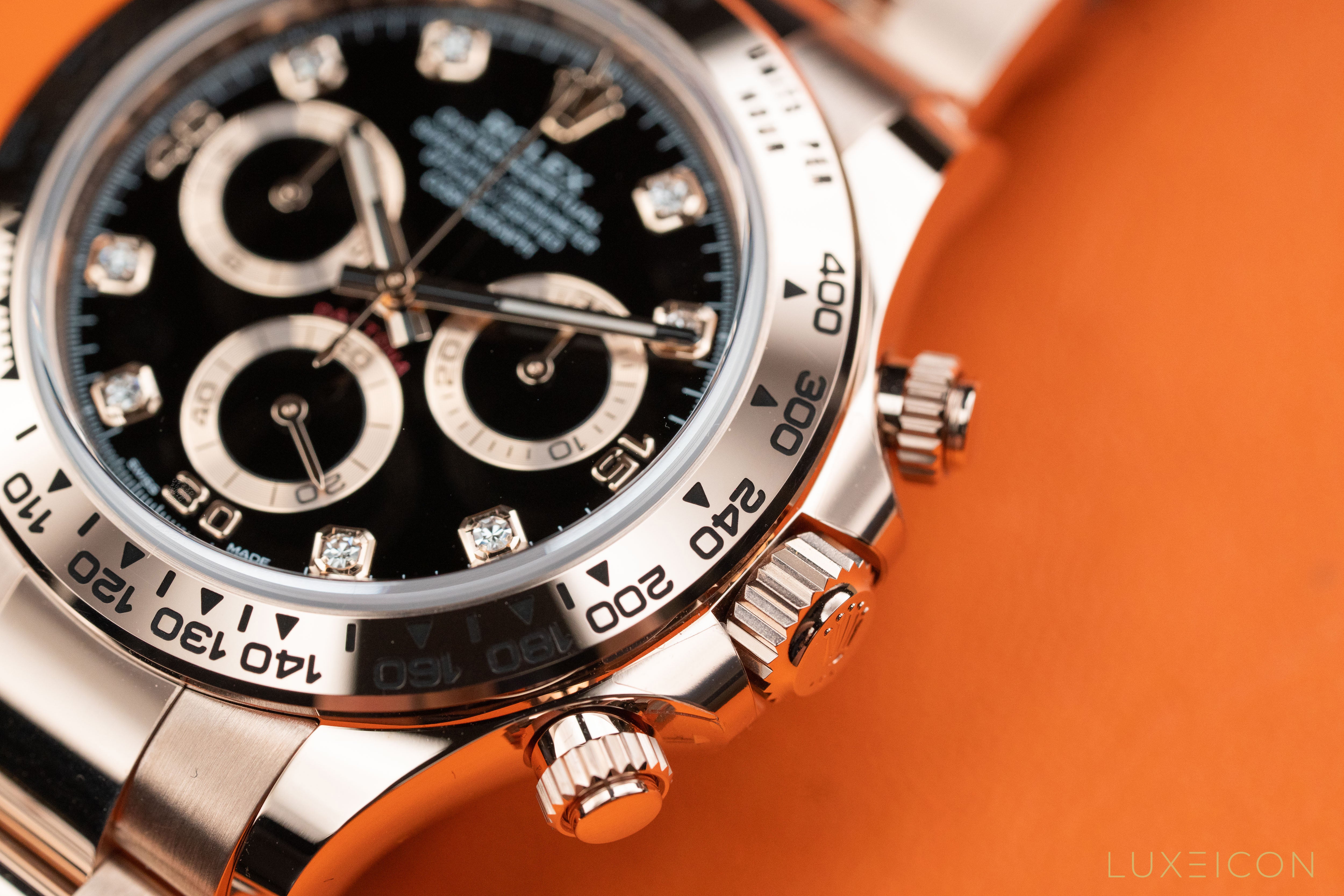 Rolex Cosmograph Daytona Chronograph 18k Rose Gold Black Diamond Dial 116505