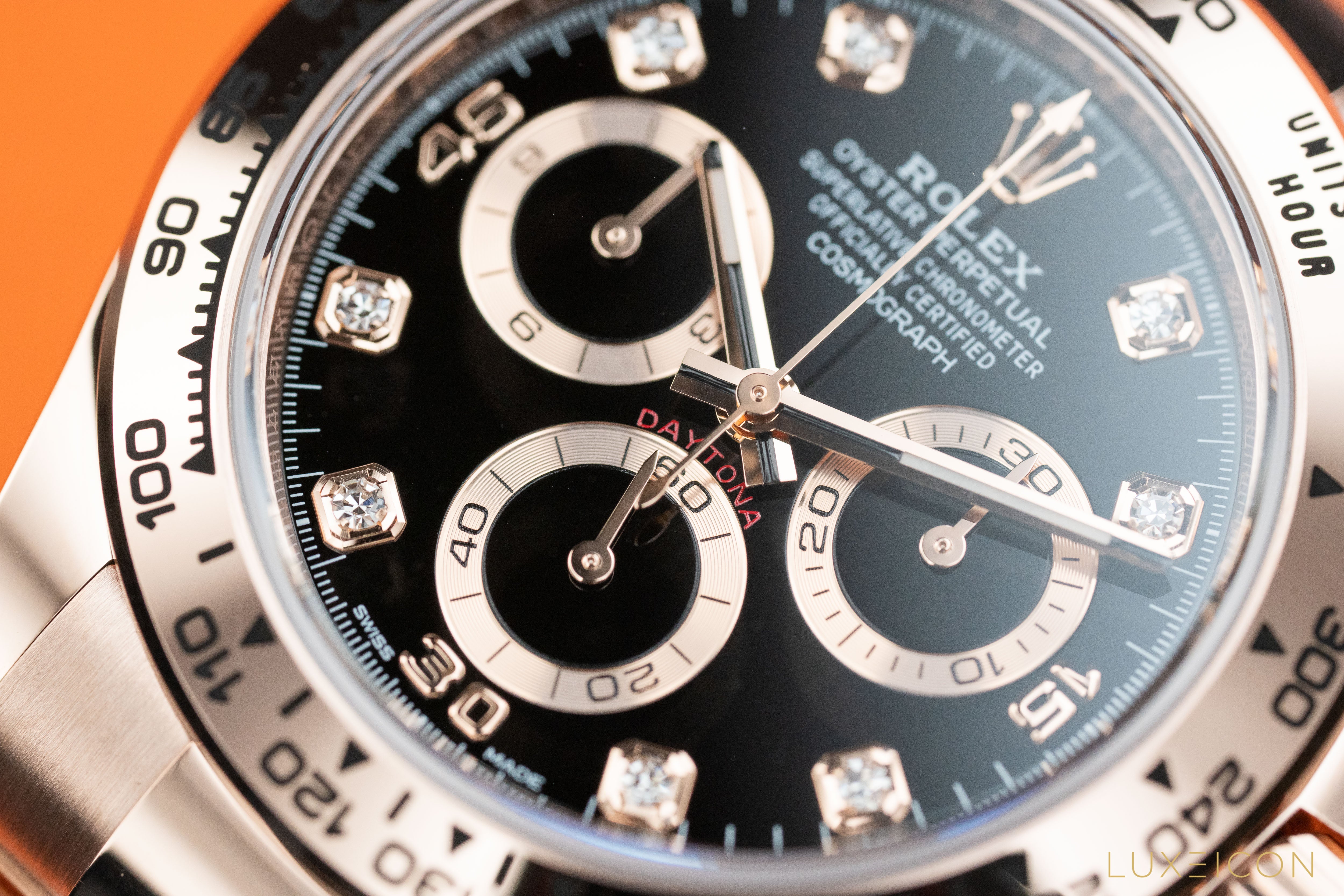 Rolex Cosmograph Daytona Chronograph 18k Rose Gold Black Diamond Dial 116505
