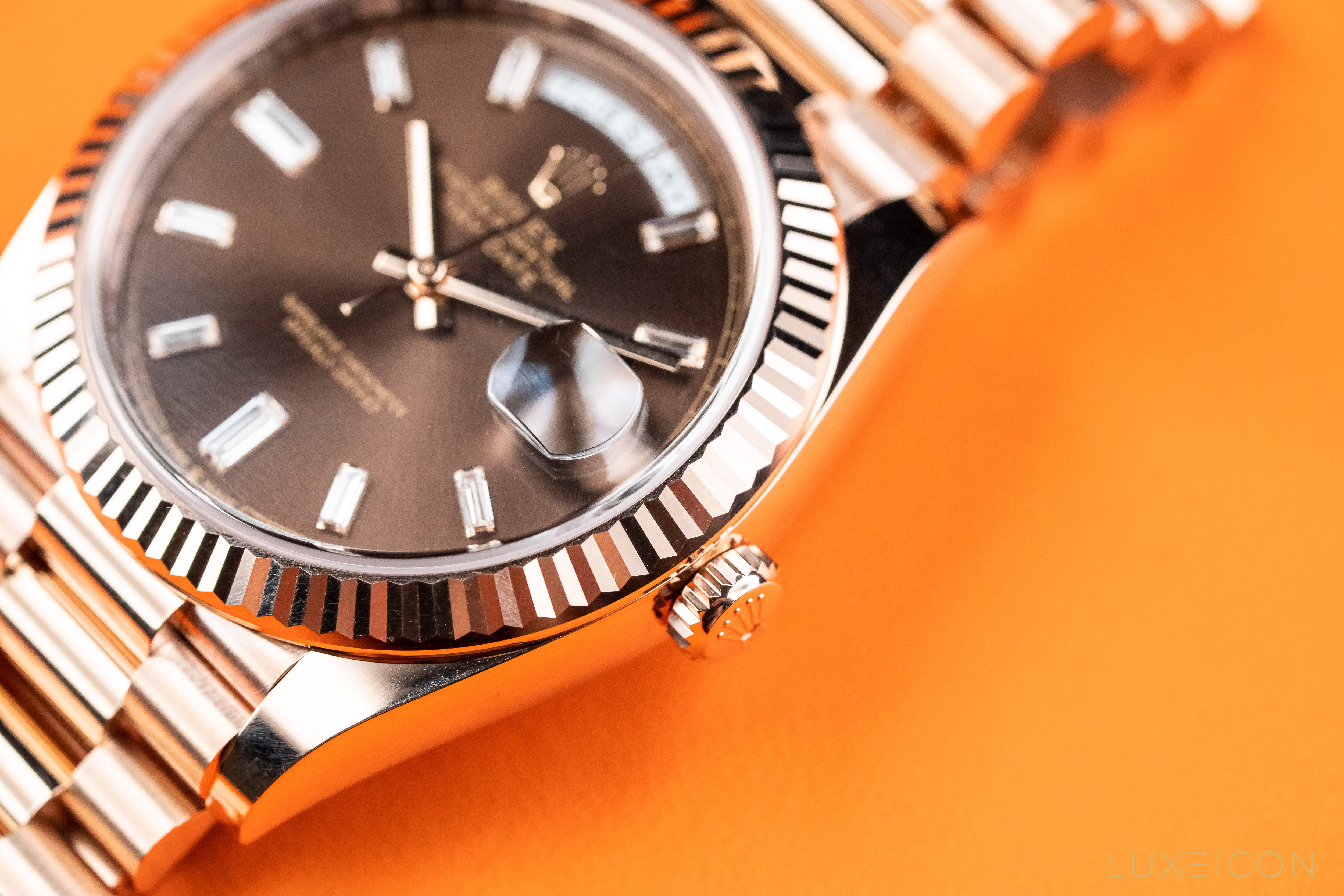 Rolex Day-date 40 Rose Gold Chocolate Baguette Diamond Dial President Bracelet 228235