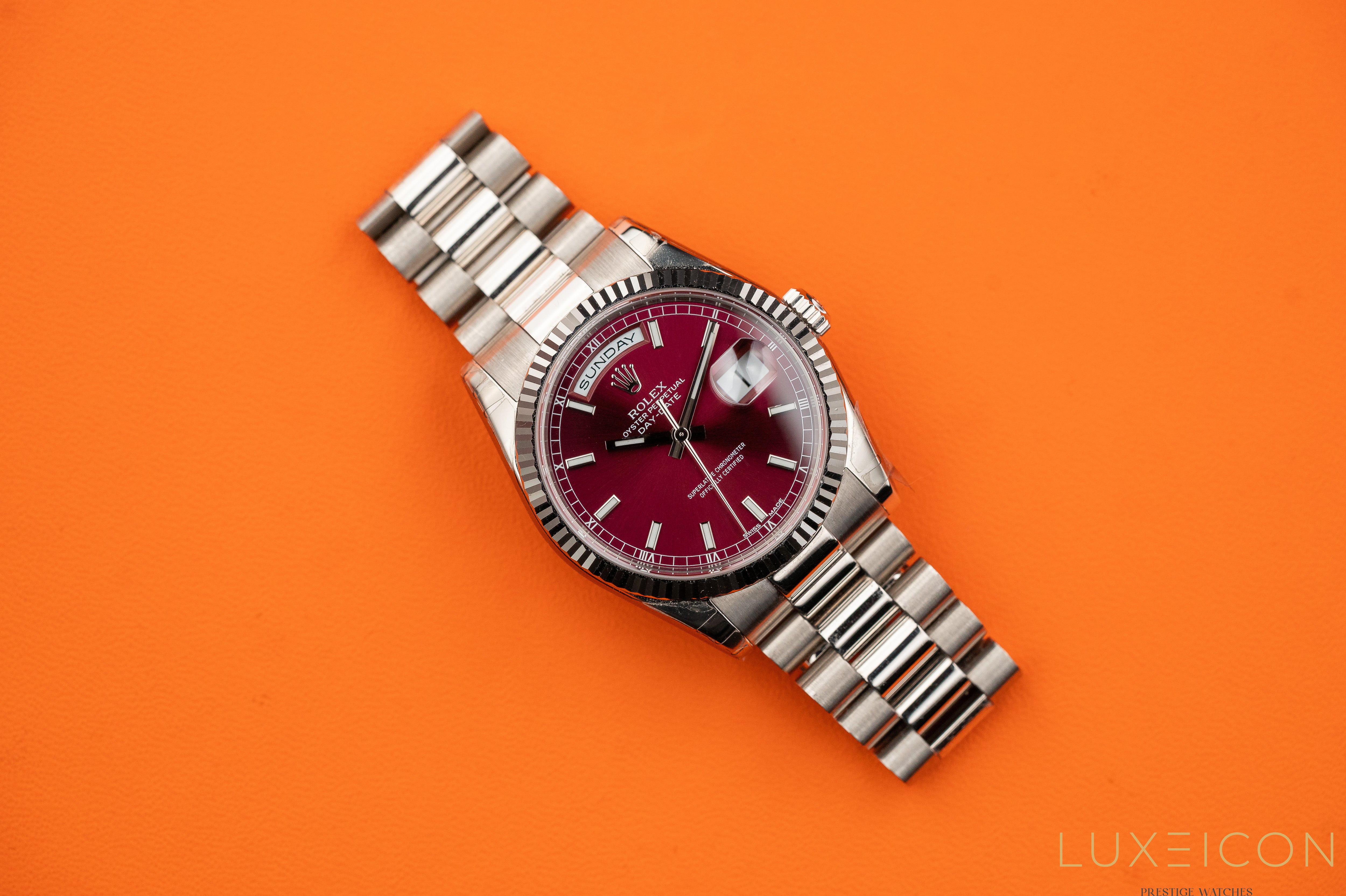 Rolex Day-Date 36 White Gold Cherry Index Dial Fluted Bezel President Bracelet 118239