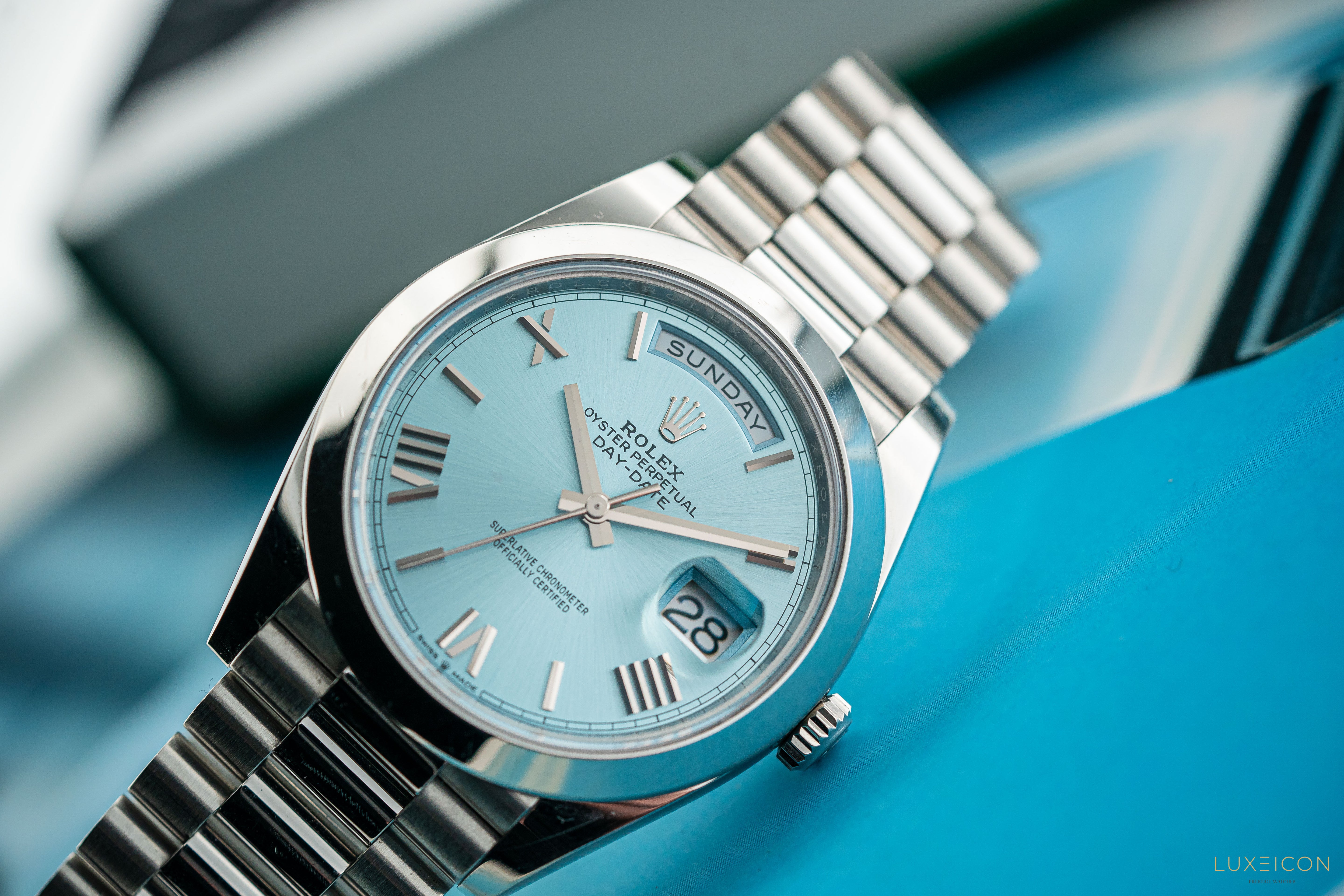 Rolex Day-Date 40 228206 Platinum President Ice Blue Silver Roman Dial