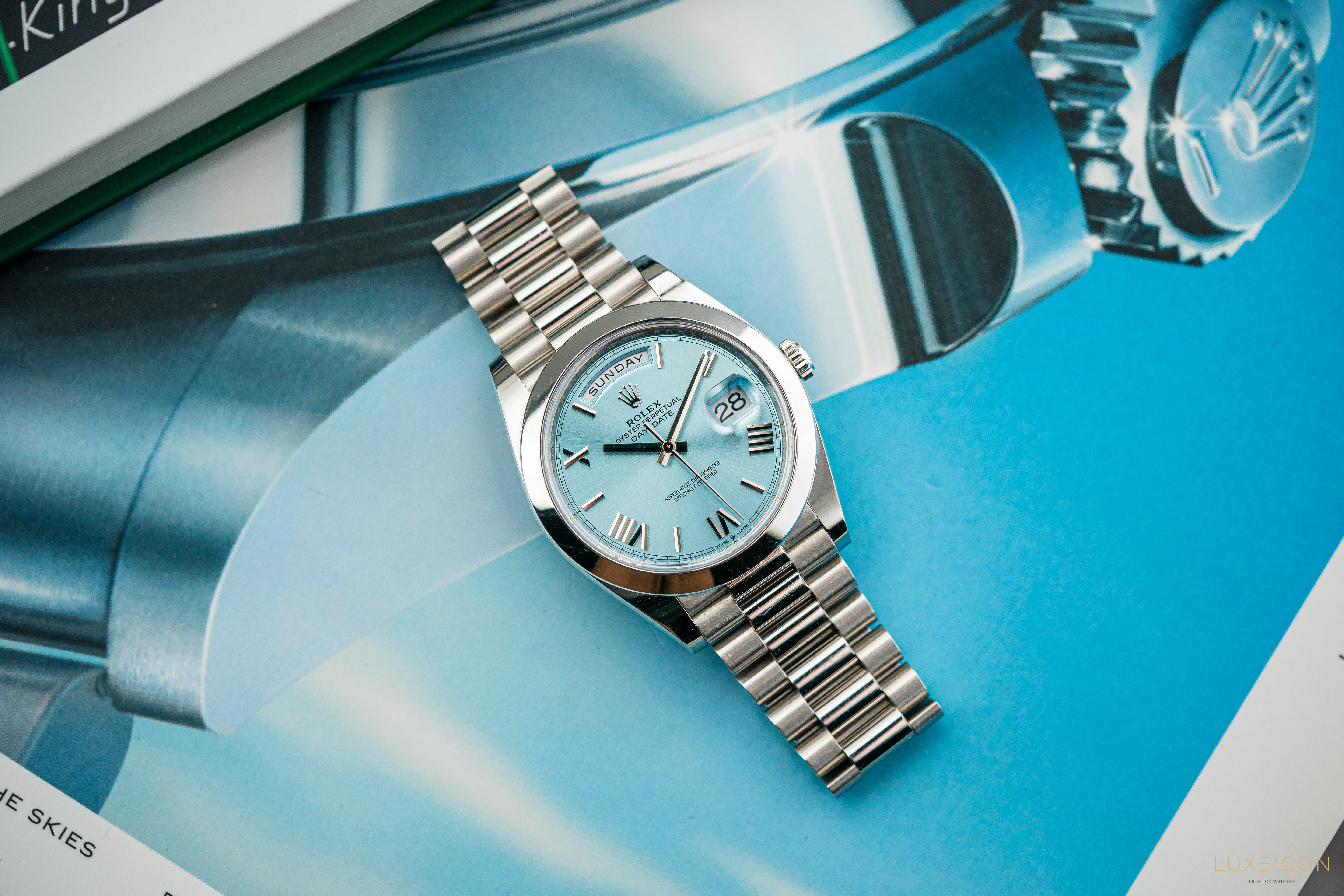 Rolex Day-Date 40 228206 Platinum President Ice Blue Silver Roman Dial