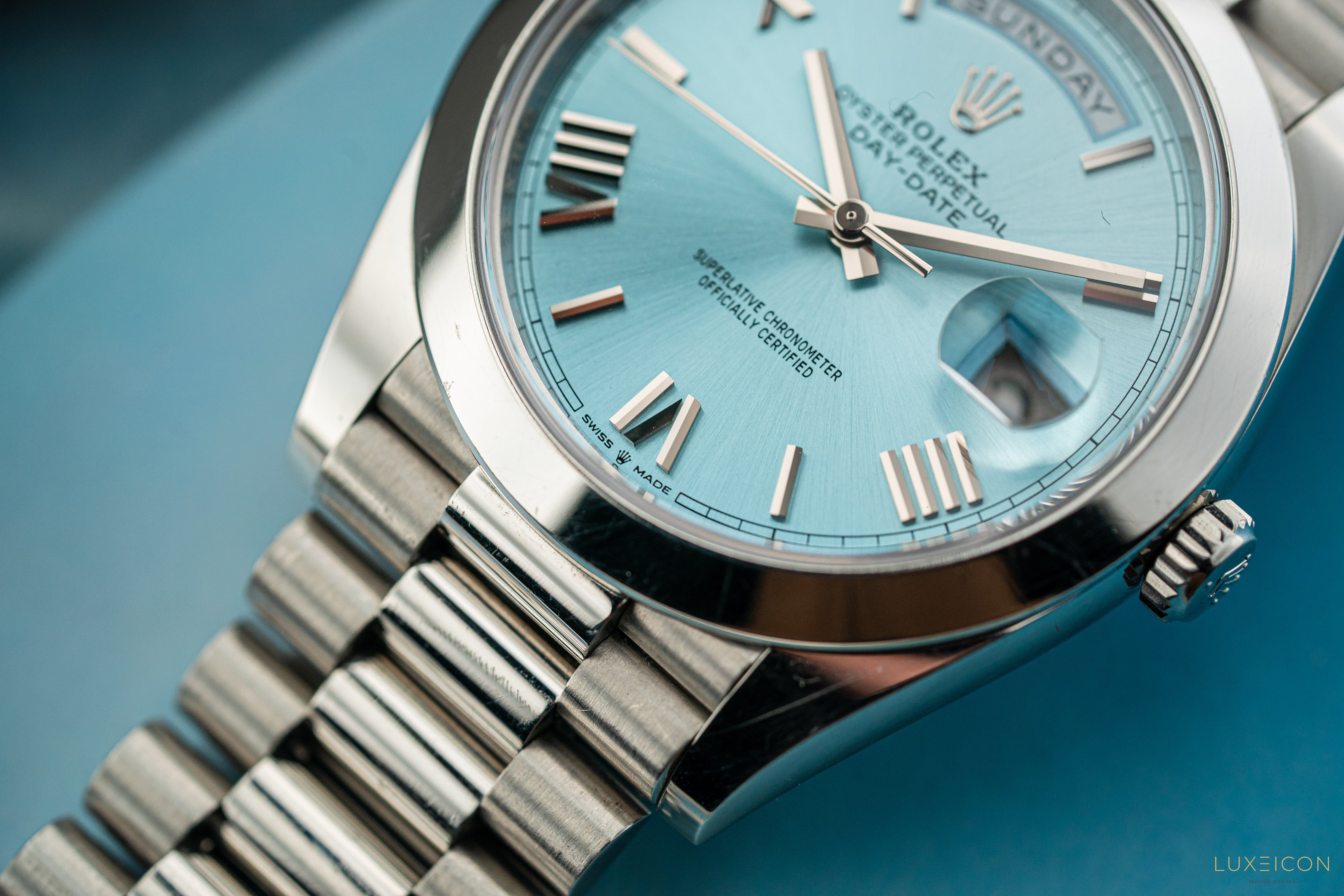 Rolex Day-Date 40 228206 Platinum President Ice Blue Silver Roman Dial