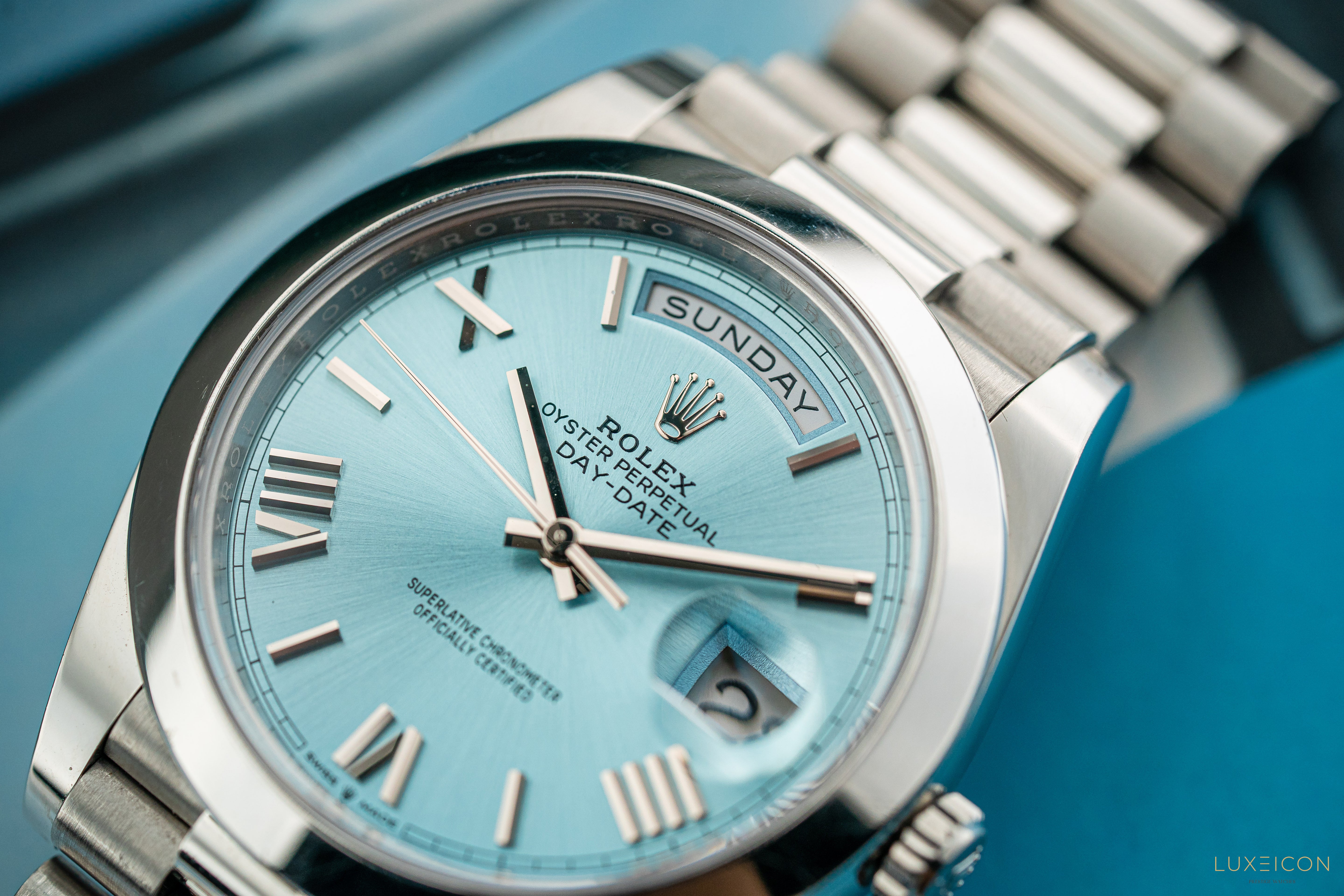 Rolex Day-Date 40 228206 Platinum President Ice Blue Silver Roman Dial