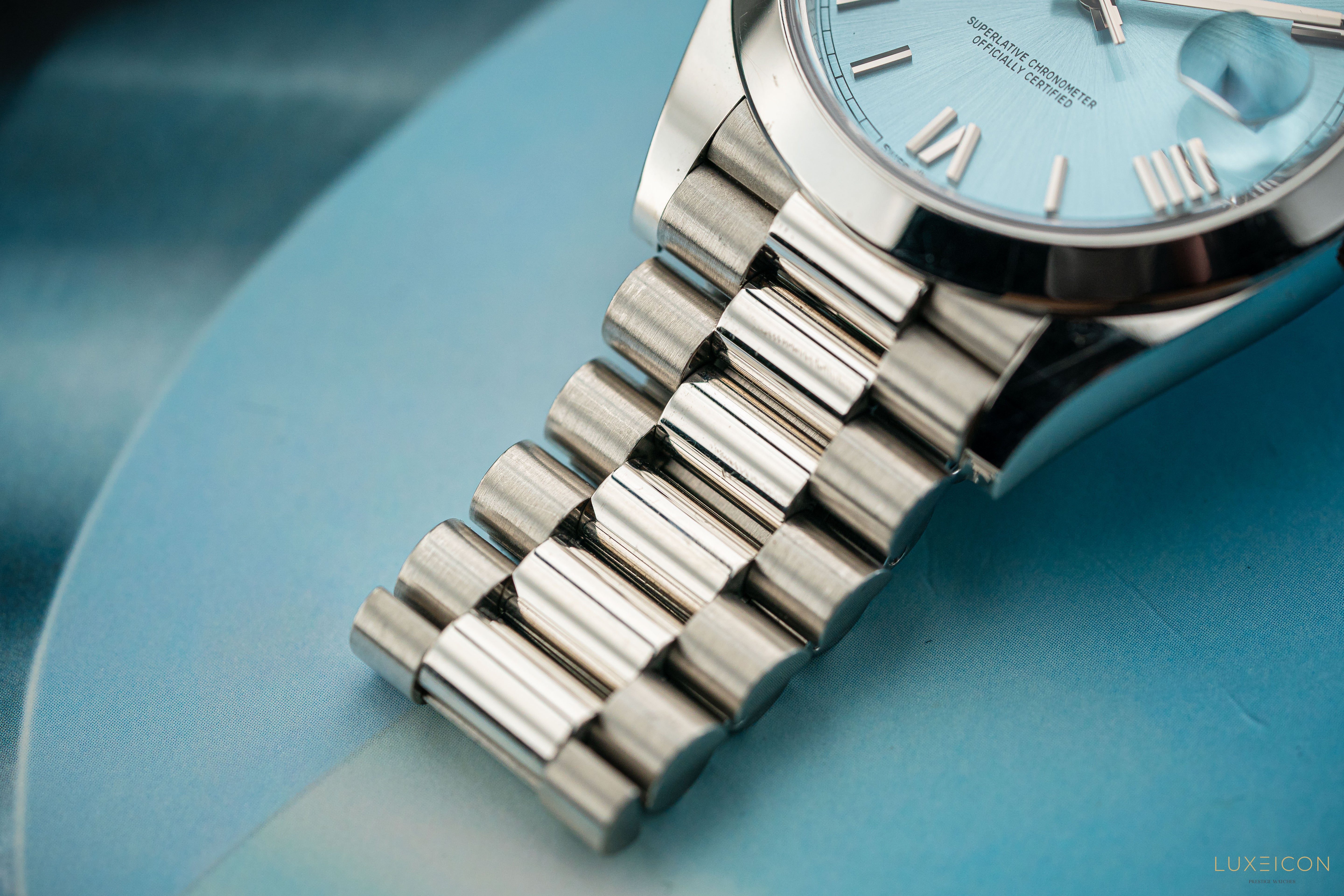 Rolex Day-Date 40 228206 Platinum President Ice Blue Silver Roman Dial