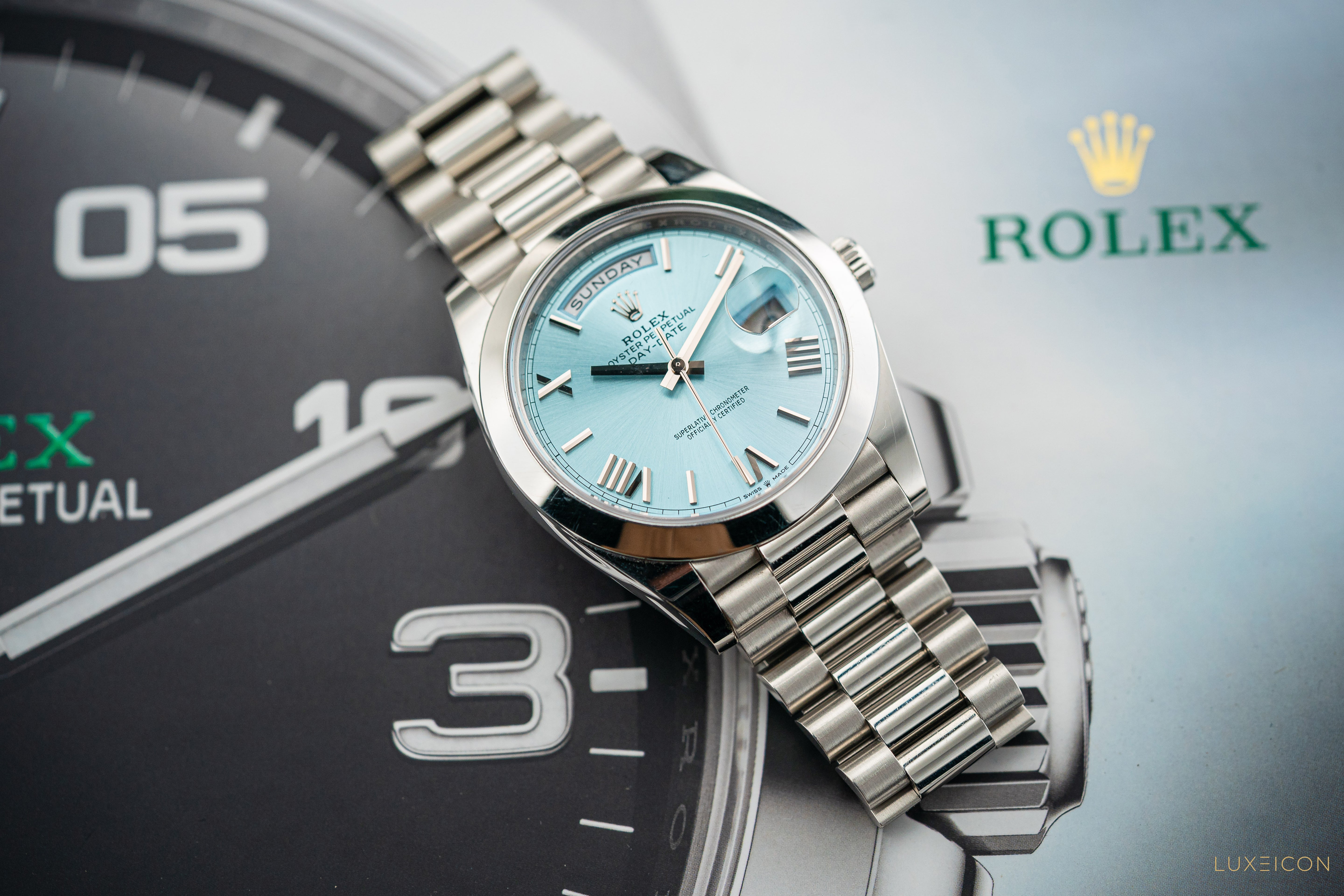 Rolex Day-Date 40 228206 Platinum President Ice Blue Silver Roman Dial