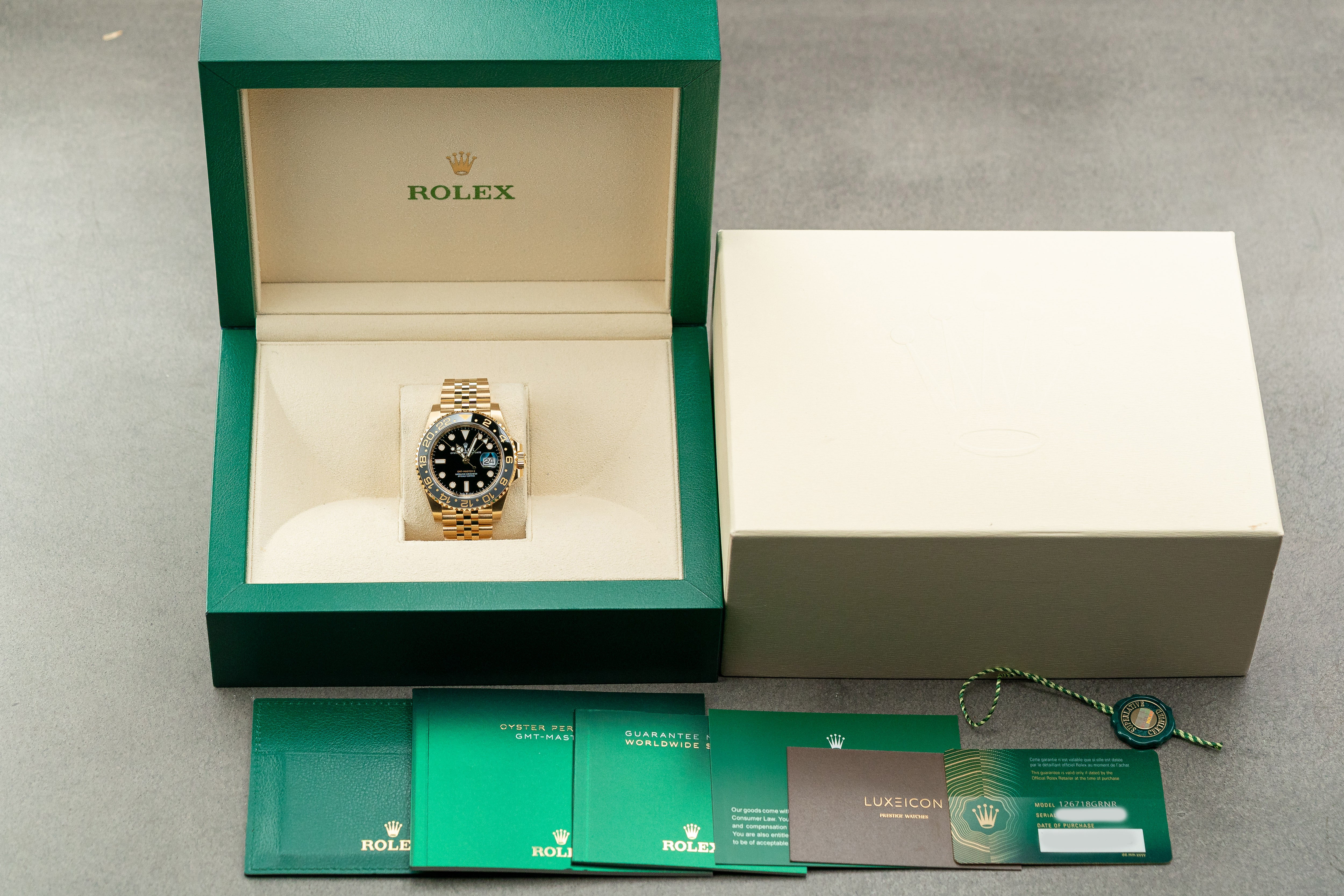 Rolex GMT-Master II Yellow Gold Grey Black Ceramic Bezel JUBILEE 126718GRNR 2025