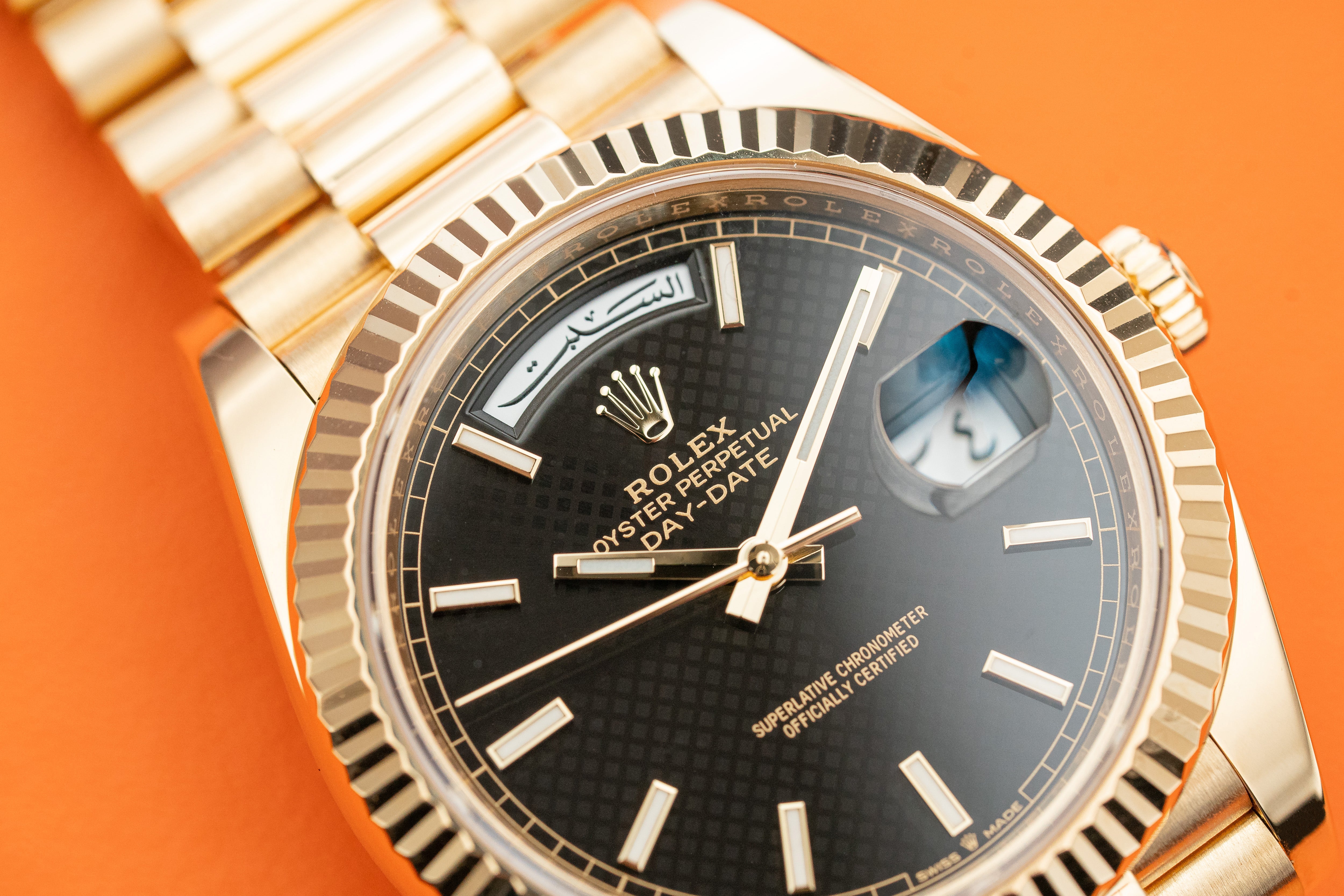 Rolex Day-Date 40mm Presidential Yellow Gold Black Motif Index Dial Fluted Bezel Arabic 228238