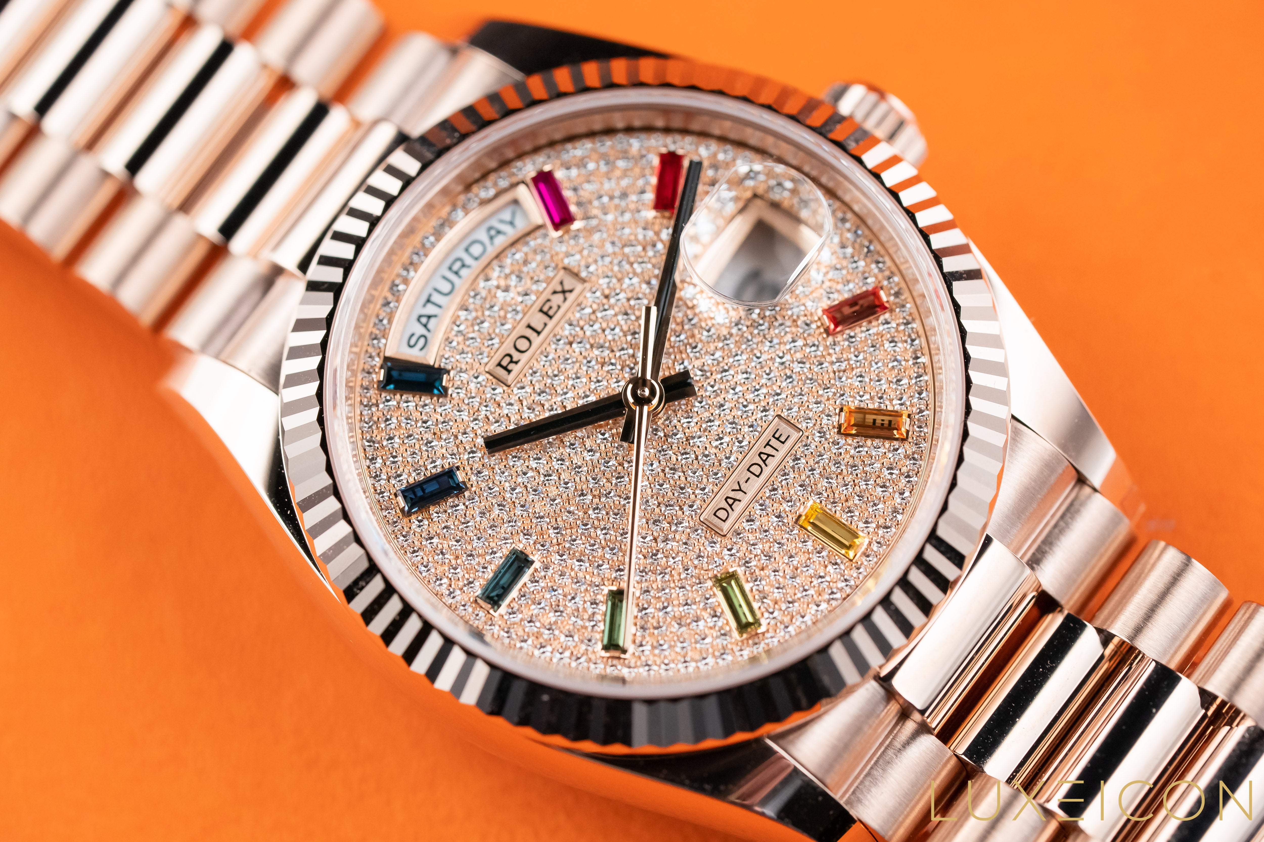 Rolex Day-Date 36mm 128235 Everose Gold Fluted Bezel Rainbow Baguette Pave Diamond Dial 2021 