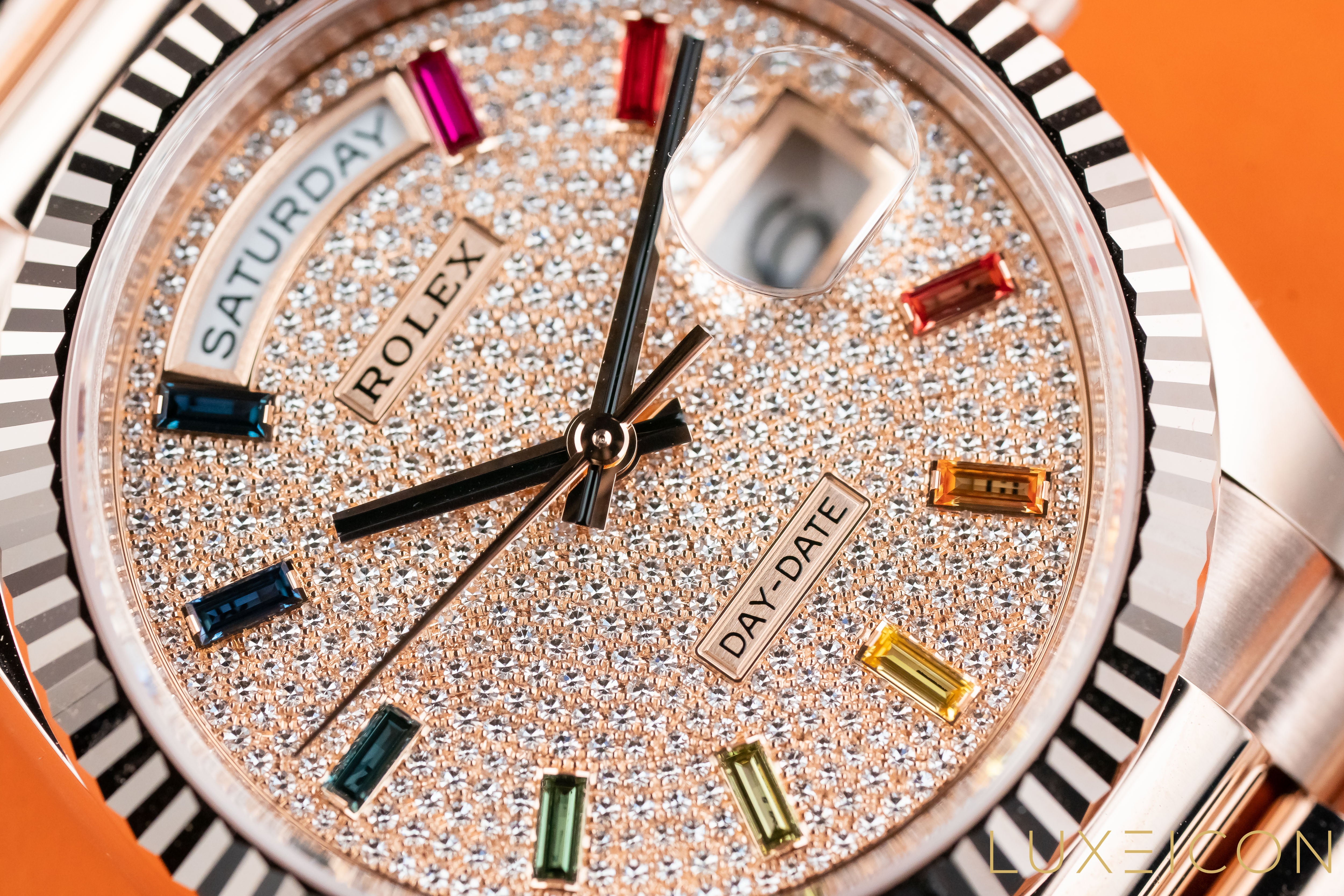 Rolex Day-Date 36mm 128235 Everose Gold Fluted Bezel Rainbow Baguette Pave Diamond Dial 2021 