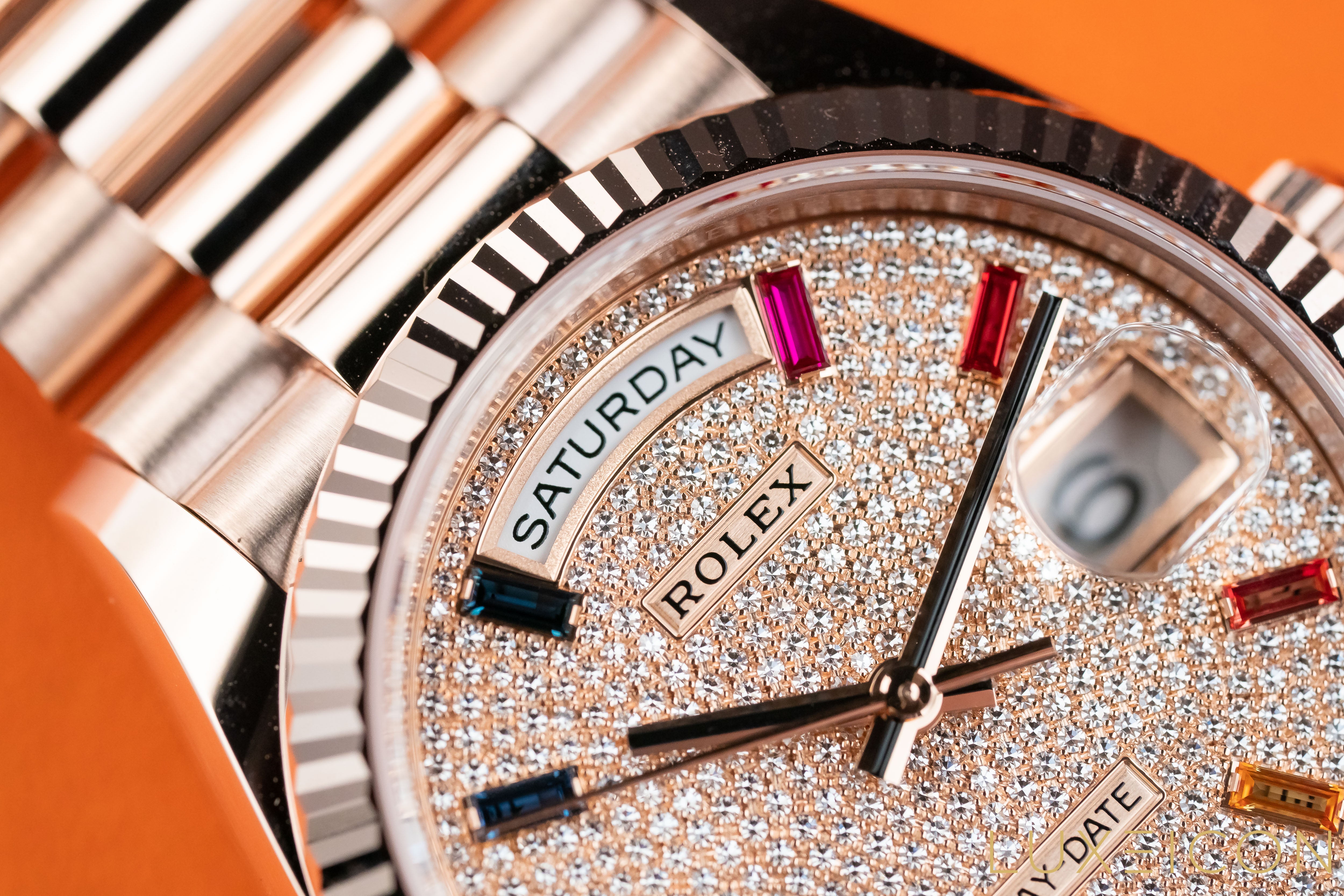 Rolex Day-Date 36mm 128235 Everose Gold Fluted Bezel Rainbow Baguette Pave Diamond Dial 2021 