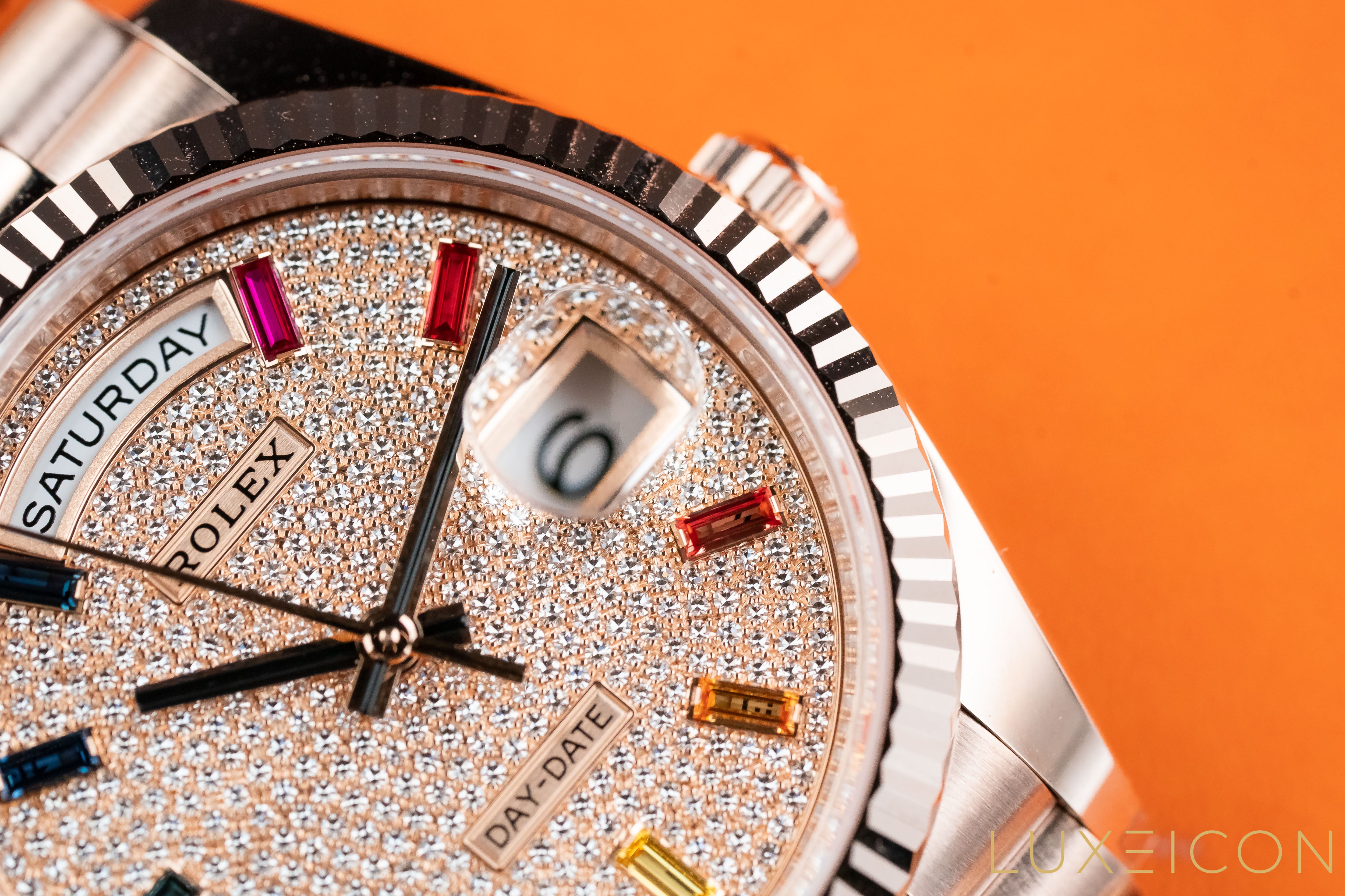 Rolex Day-Date 36mm 128235 Everose Gold Fluted Bezel Rainbow Baguette Pave Diamond Dial 2021 