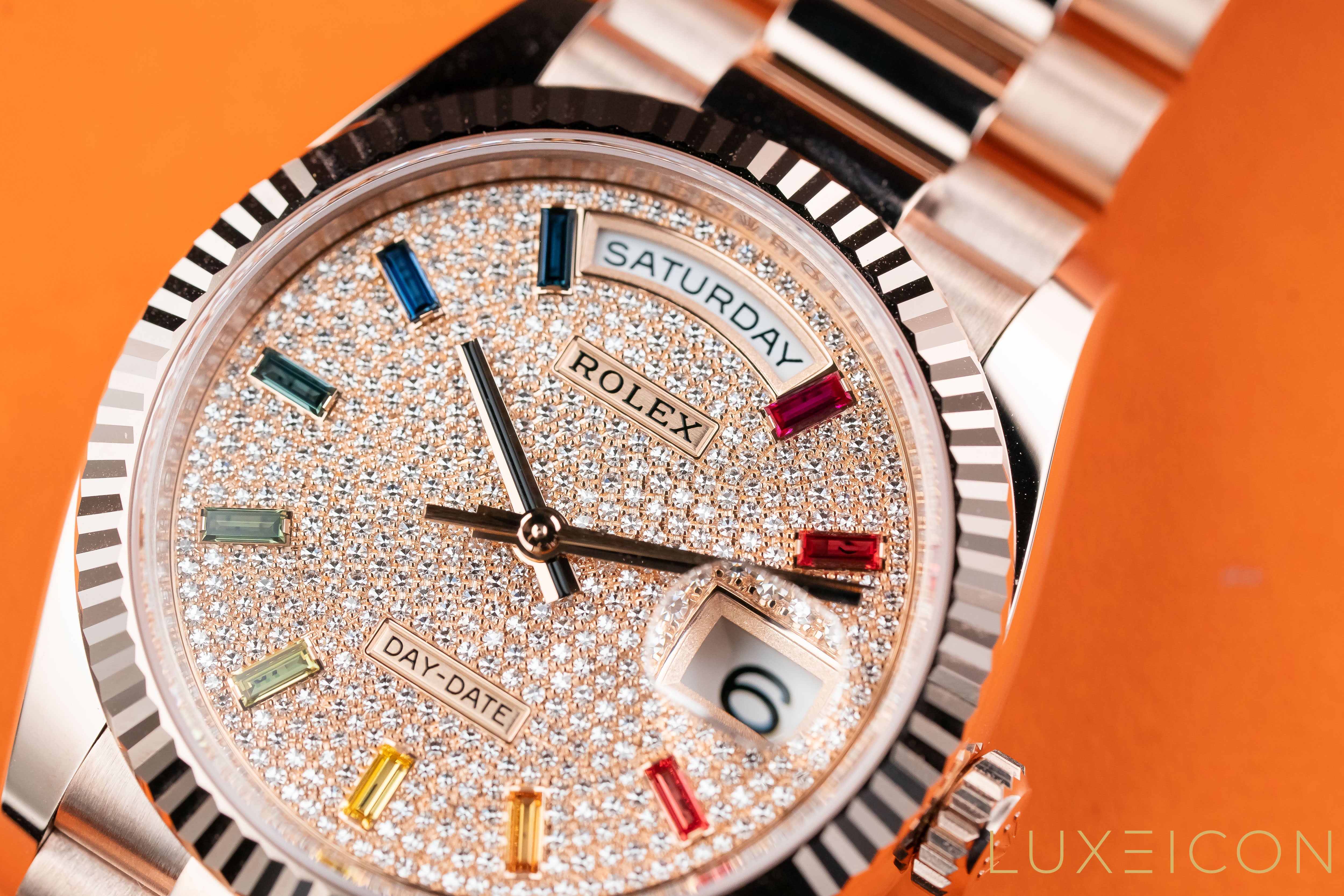 Rolex Day-Date 36mm 128235 Everose Gold Fluted Bezel Rainbow Baguette Pave Diamond Dial 2021 