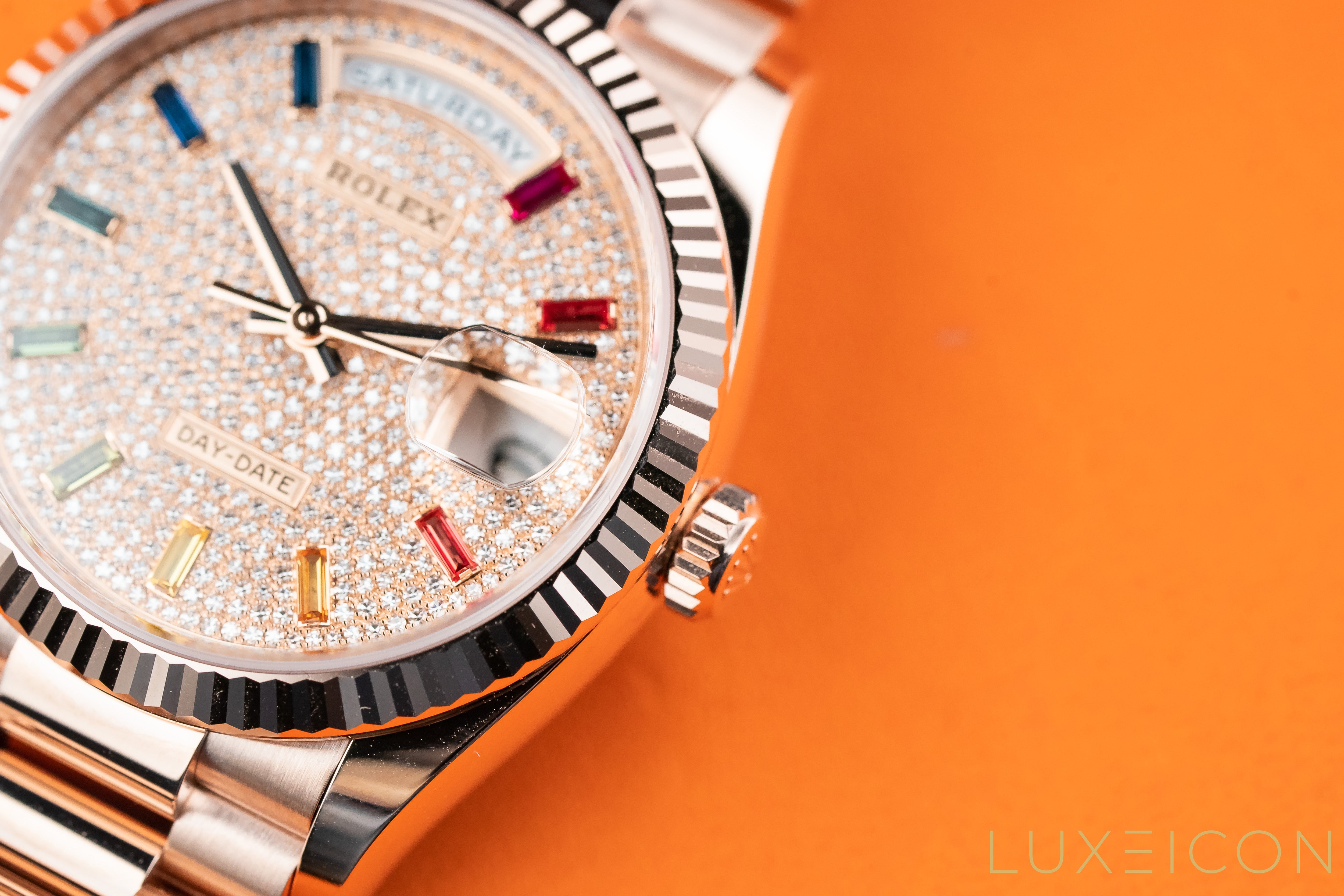 Rolex Day-Date 36mm 128235 Everose Gold Fluted Bezel Rainbow Baguette Pave Diamond Dial 2021 