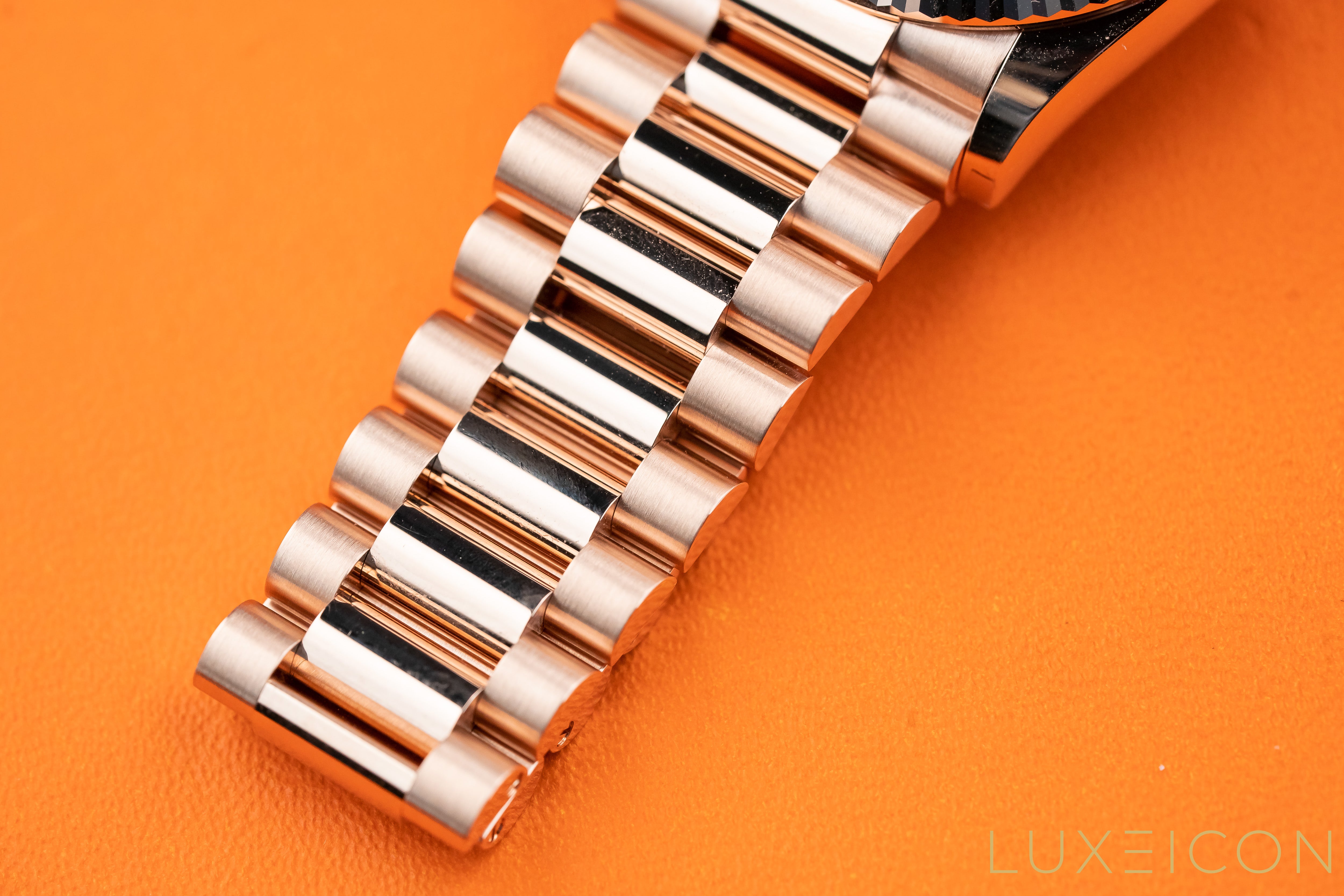 Rolex Day-Date 36mm 128235 Everose Gold Fluted Bezel Rainbow Baguette Pave Diamond Dial 2021 
