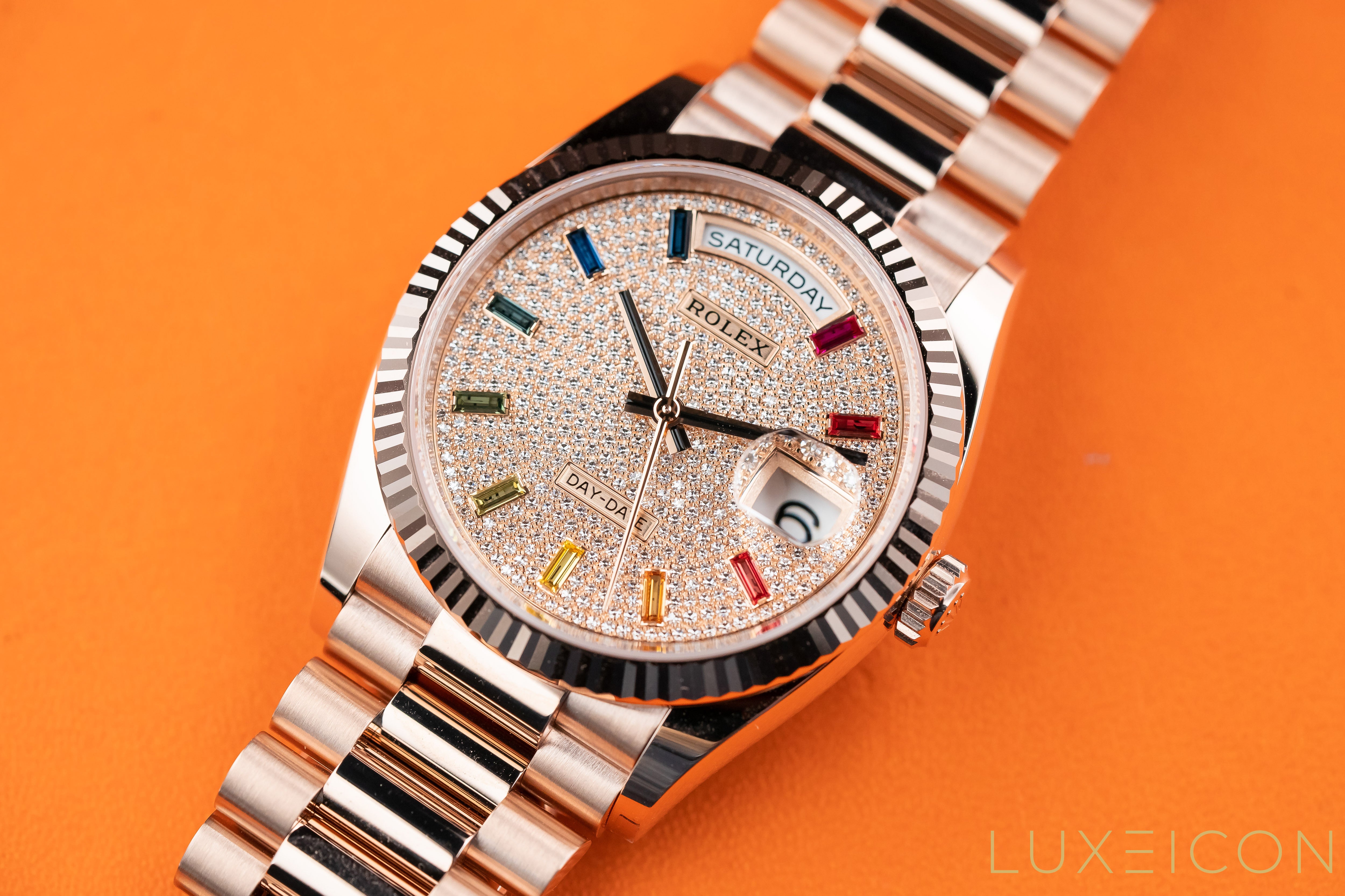 Rolex Day-Date 36mm 128235 Everose Gold Fluted Bezel Rainbow Baguette Pave Diamond Dial 2021 