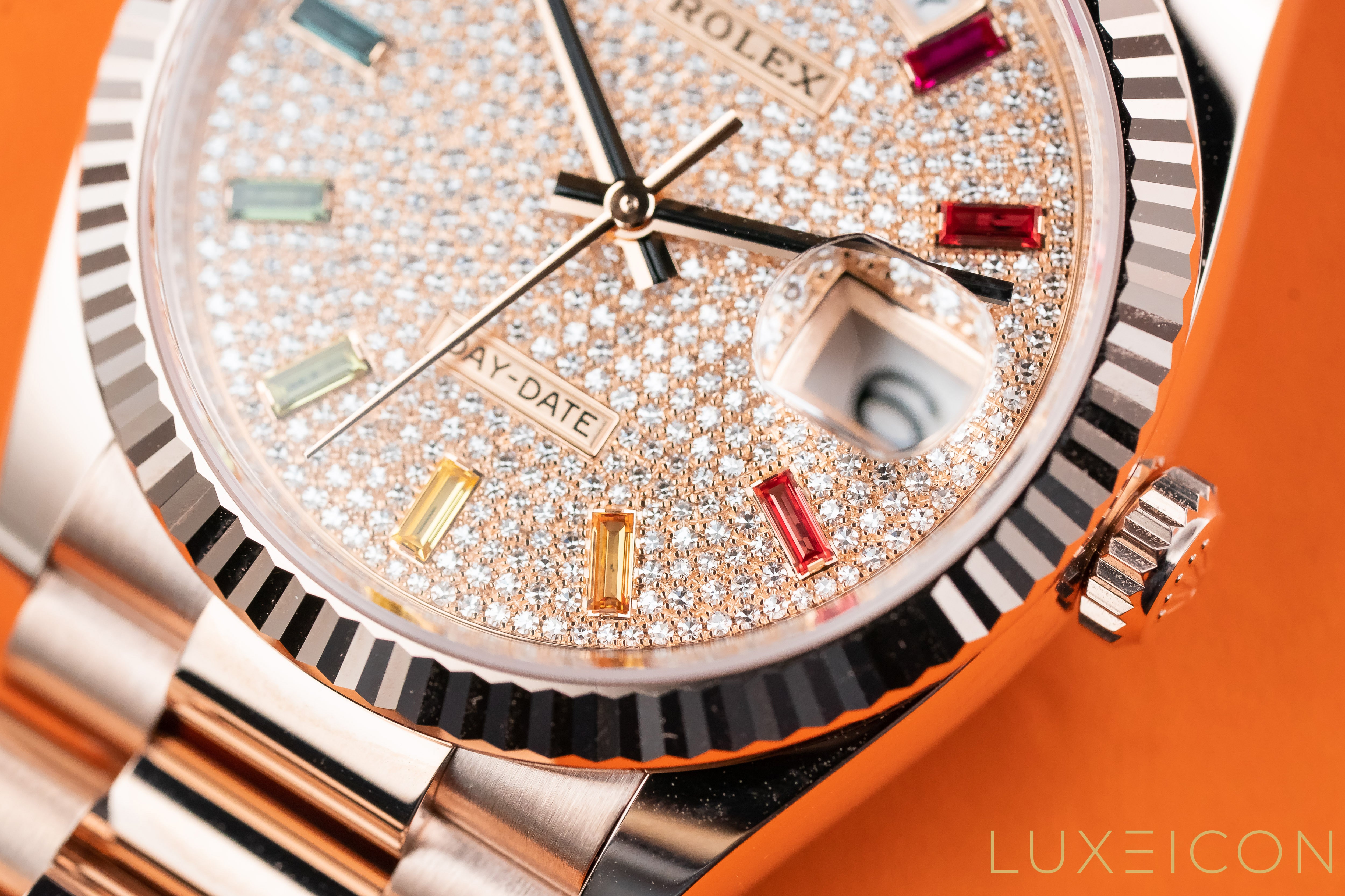 Rolex Day-Date 36mm 128235 Everose Gold Fluted Bezel Rainbow Baguette Pave Diamond Dial 2021 