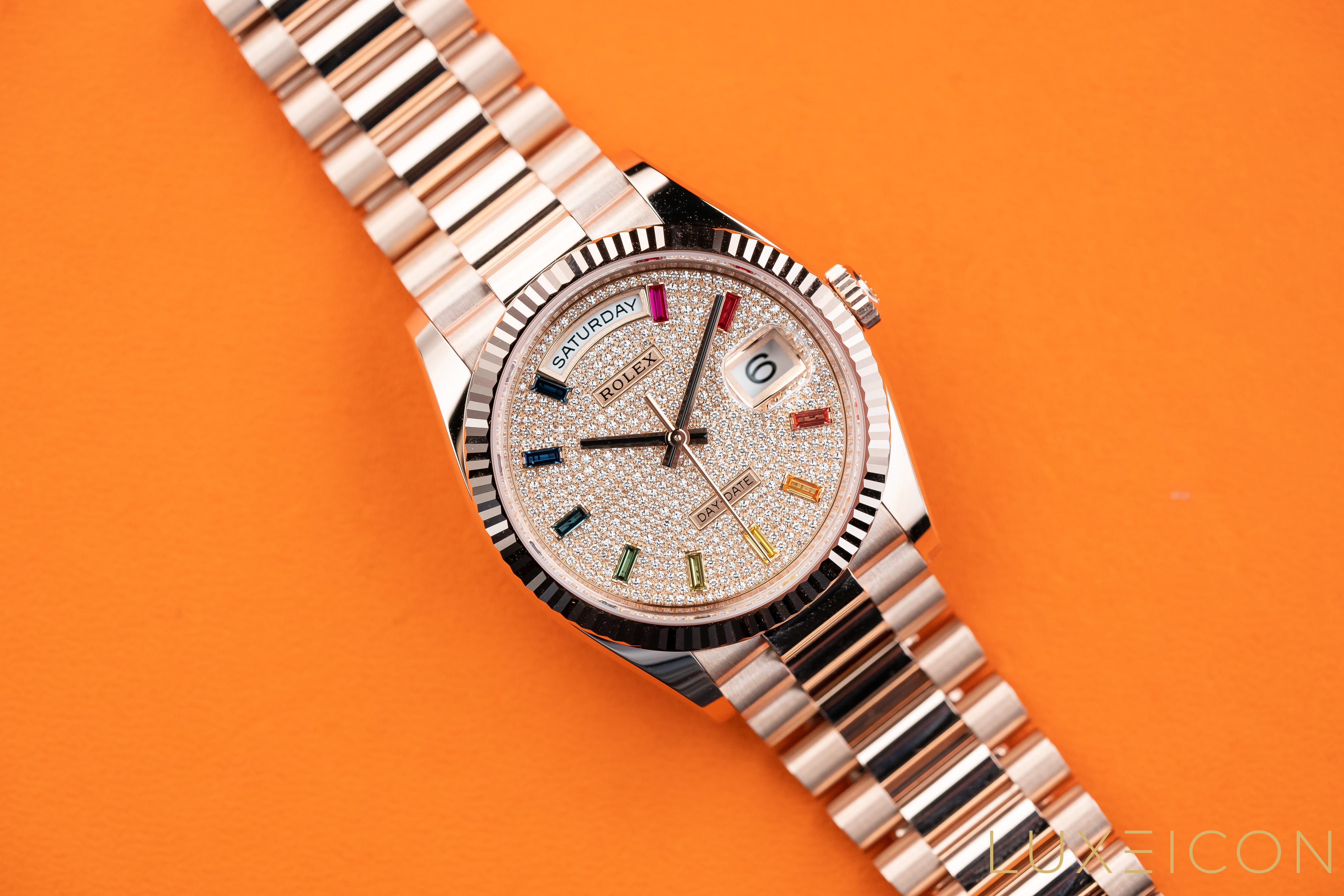 Rolex Day-Date 36mm 128235 Everose Gold Fluted Bezel Rainbow Baguette Pave Diamond Dial 2021 