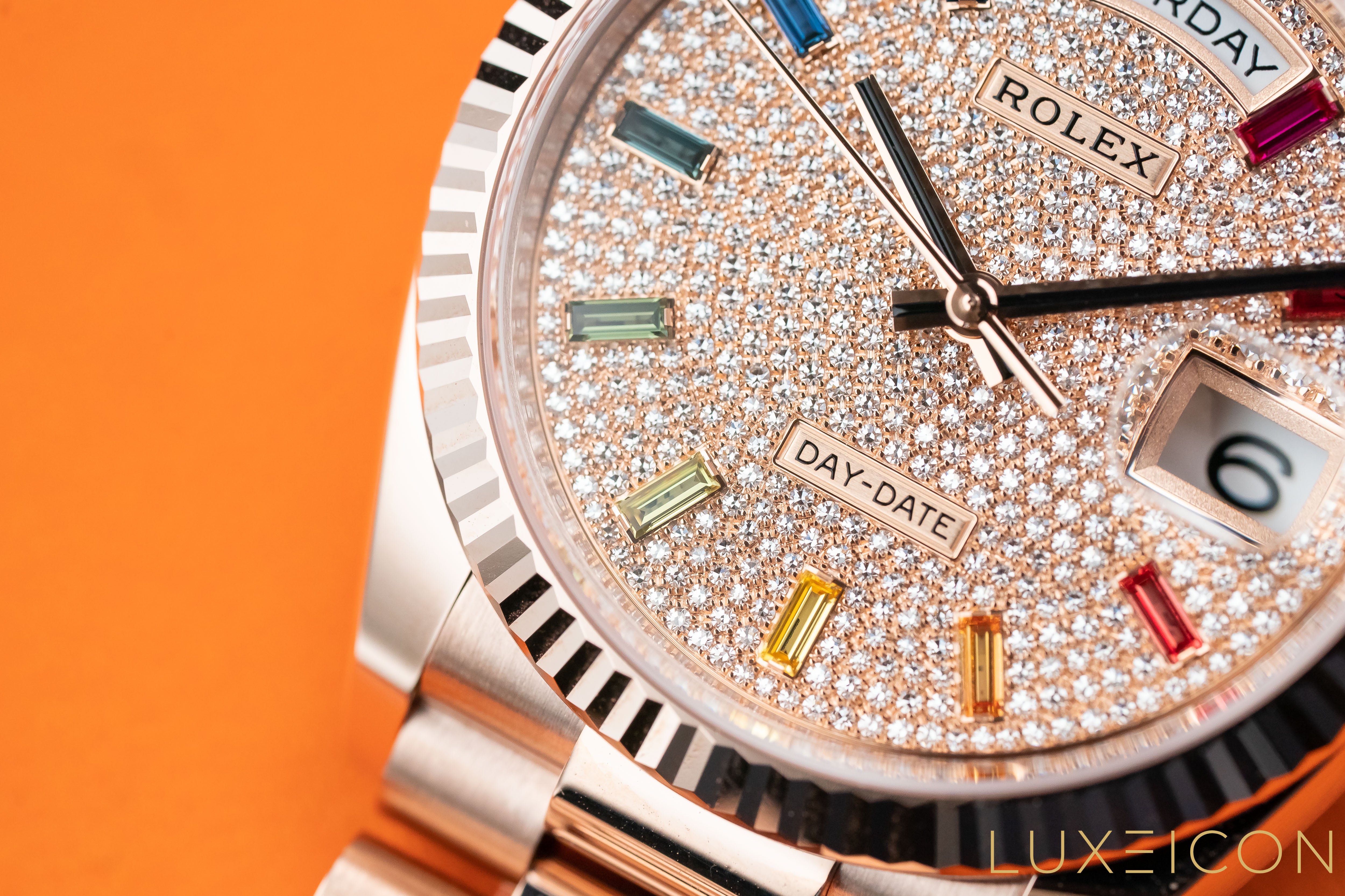 Rolex Day-Date 36mm 128235 Everose Gold Fluted Bezel Rainbow Baguette Pave Diamond Dial 2021 