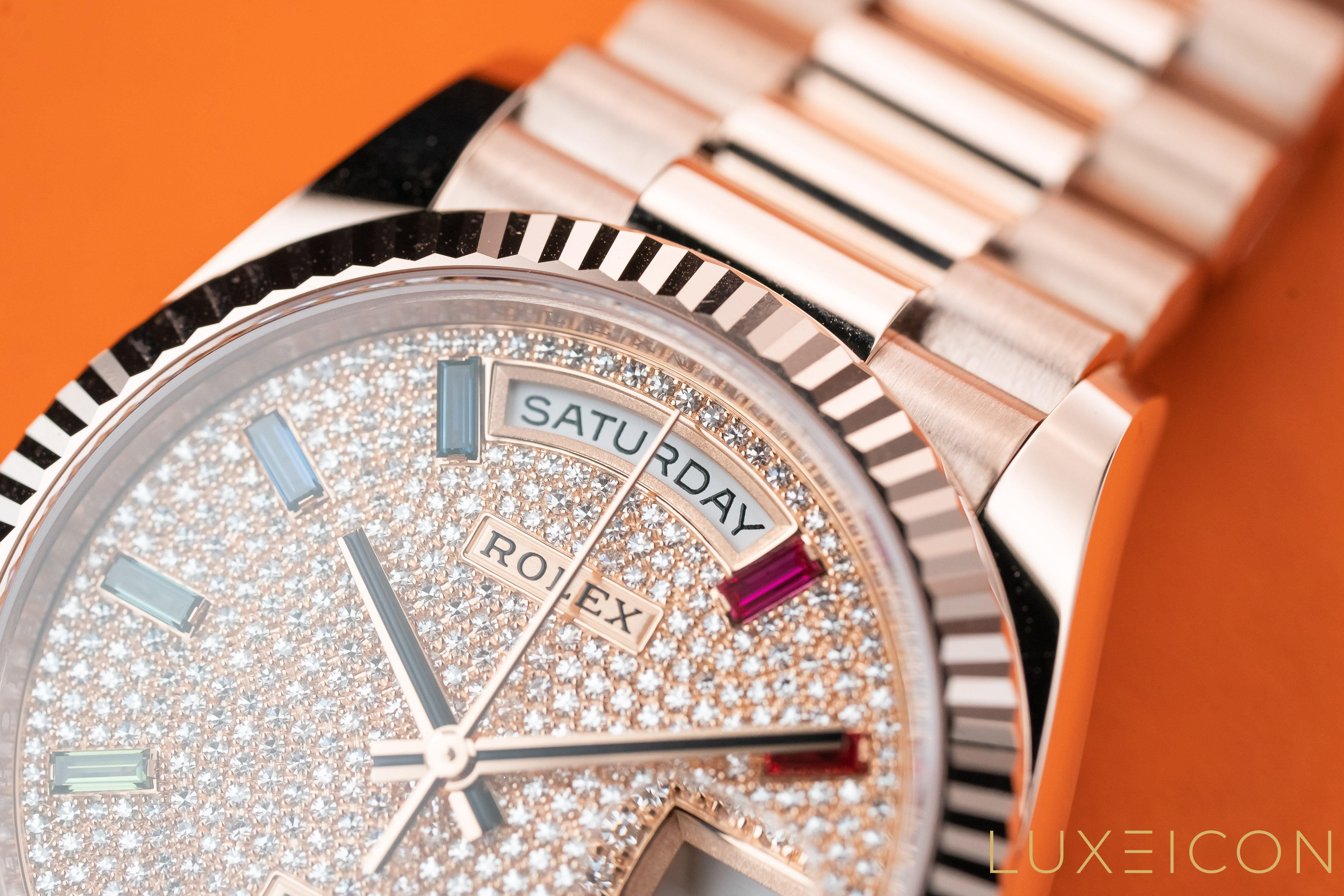 Rolex Day-Date 36mm 128235 Everose Gold Fluted Bezel Rainbow Baguette Pave Diamond Dial 2021 