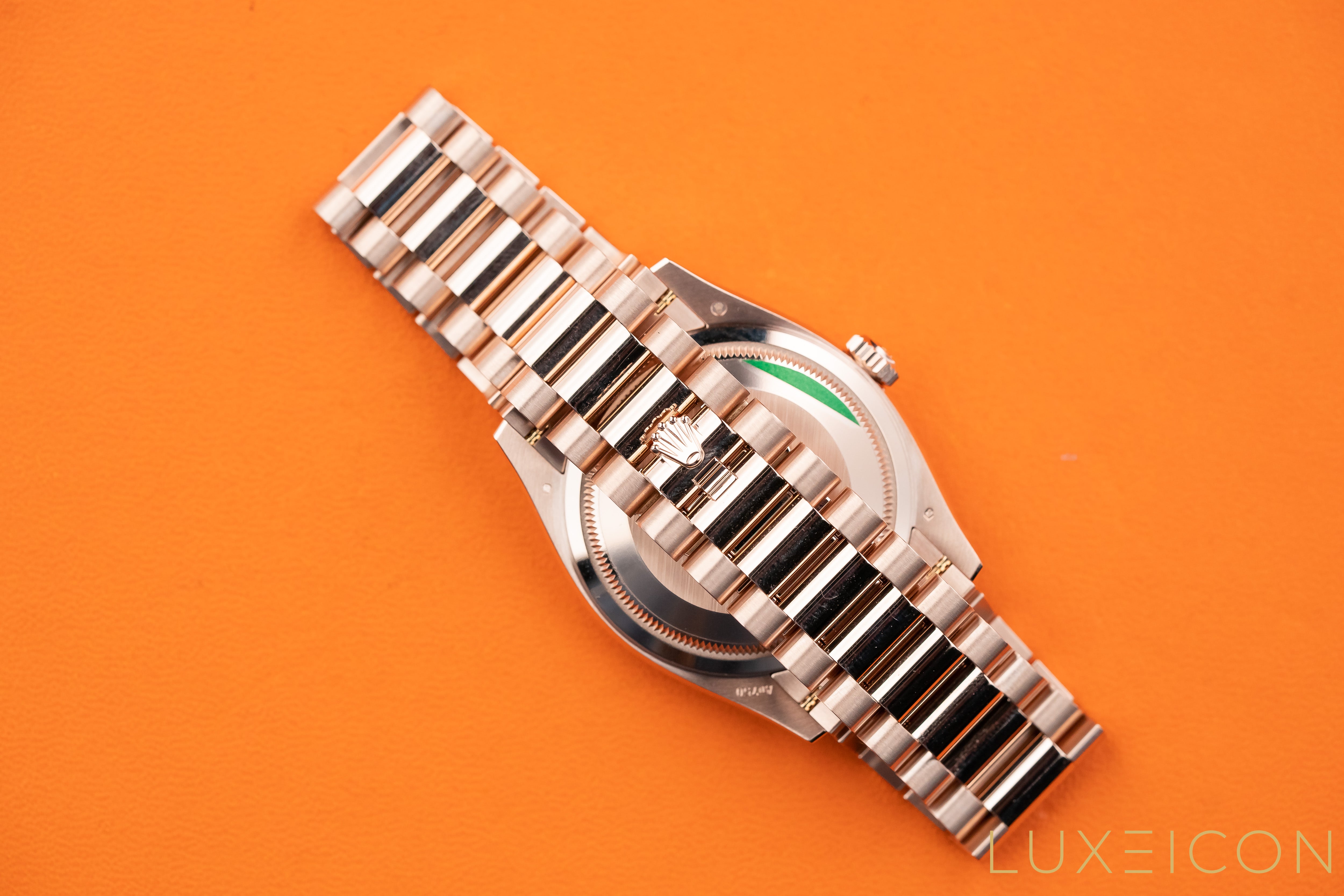Rolex Day-Date 36mm 128235 Everose Gold Fluted Bezel Rainbow Baguette Pave Diamond Dial 2021 