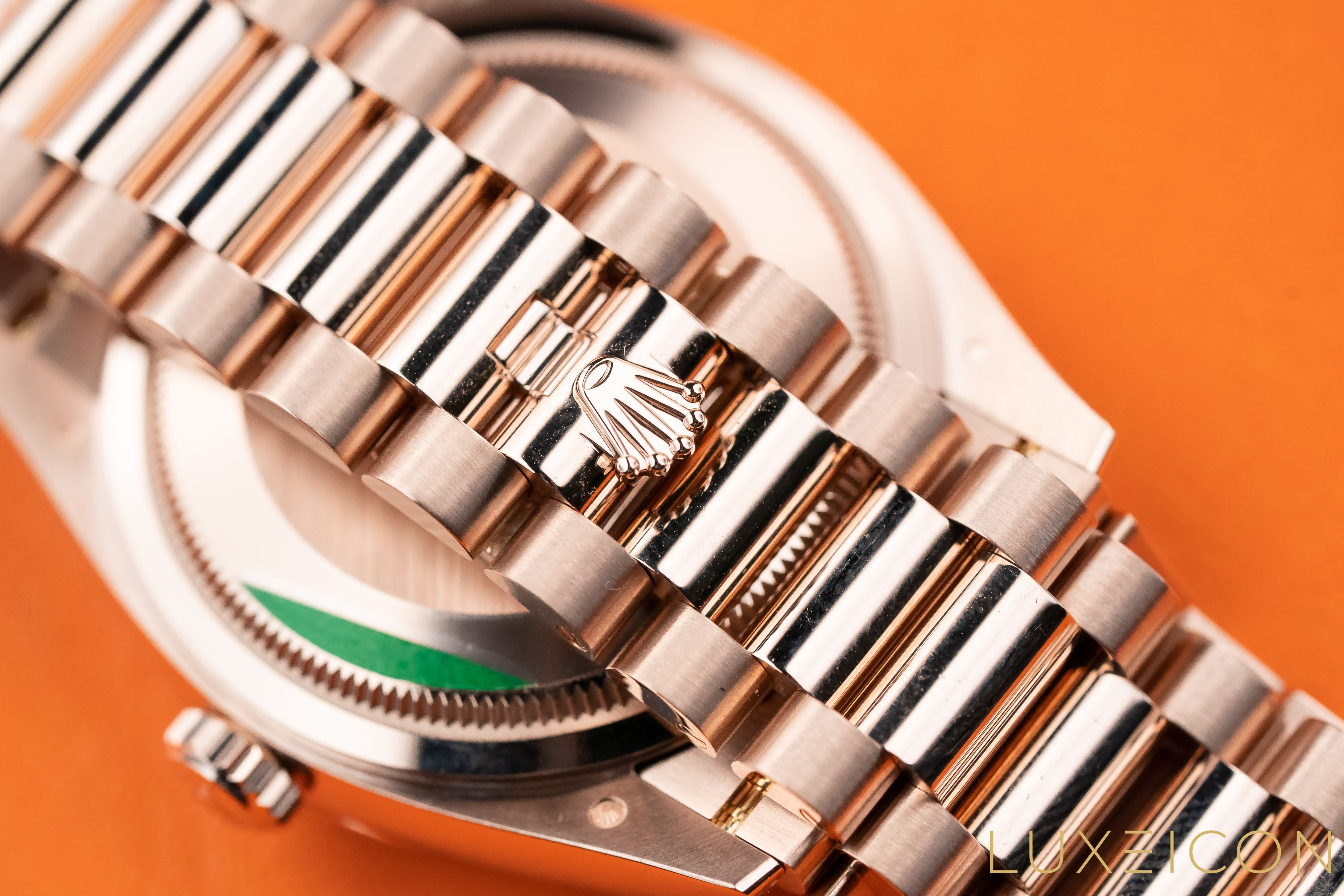 Rolex Day-Date 36mm 128235 Everose Gold Fluted Bezel Rainbow Baguette Pave Diamond Dial 2021 