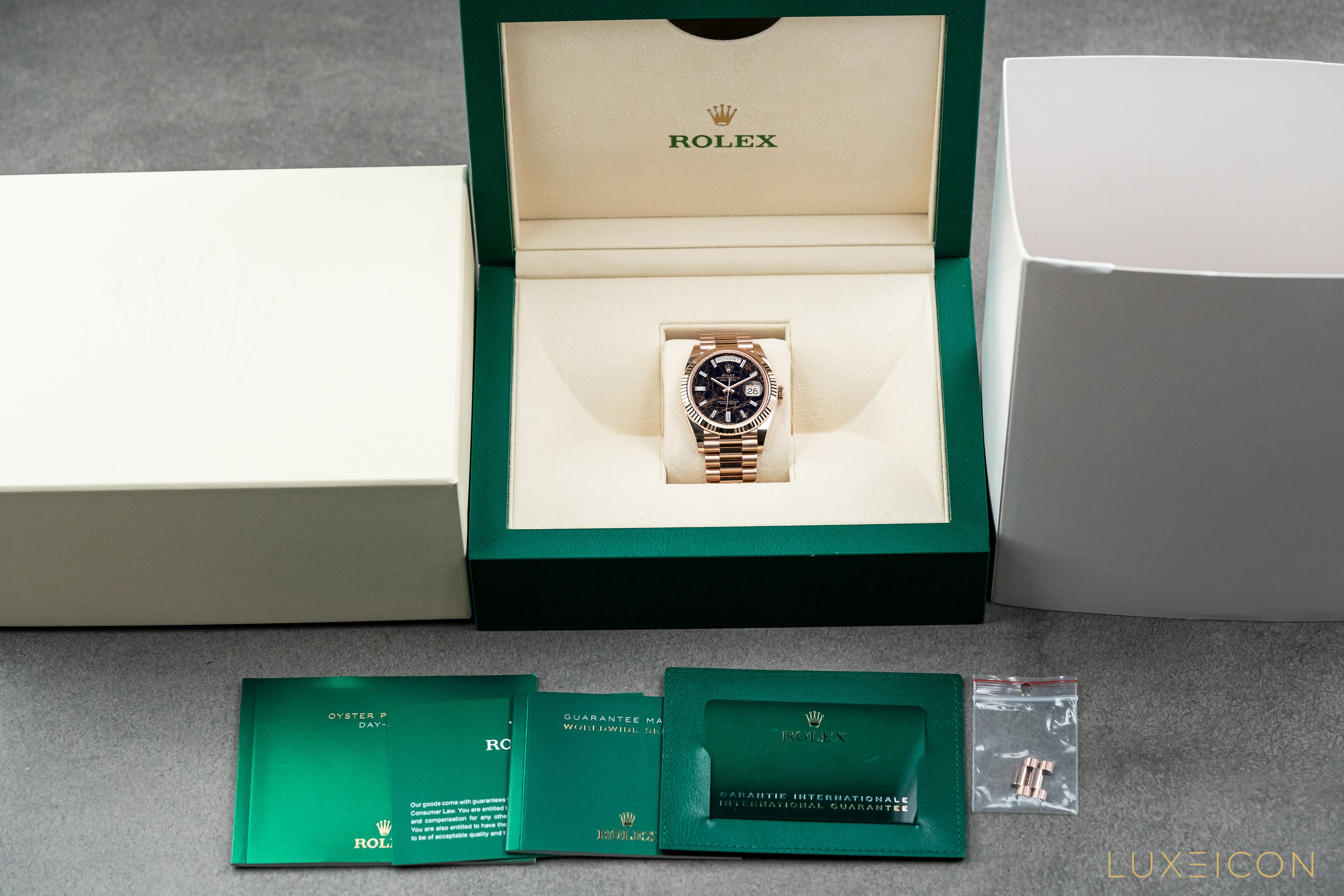 Rolex Day-Date 40mm President 18kt Rose Gold Eisenkiesel baguette 228235