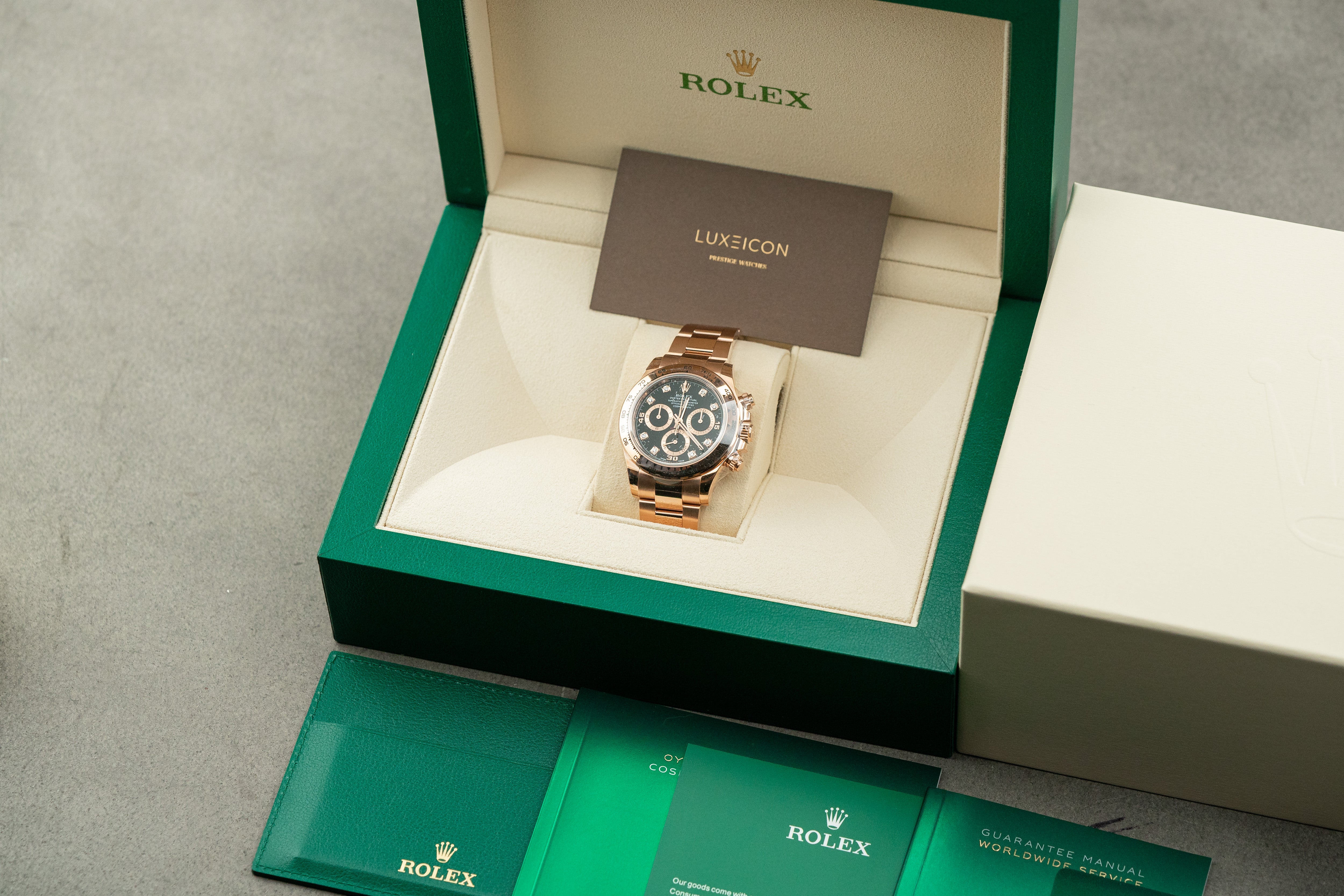 Rolex Cosmograph Daytona Chronograph 18k Rose Gold Black Diamond Dial 116505