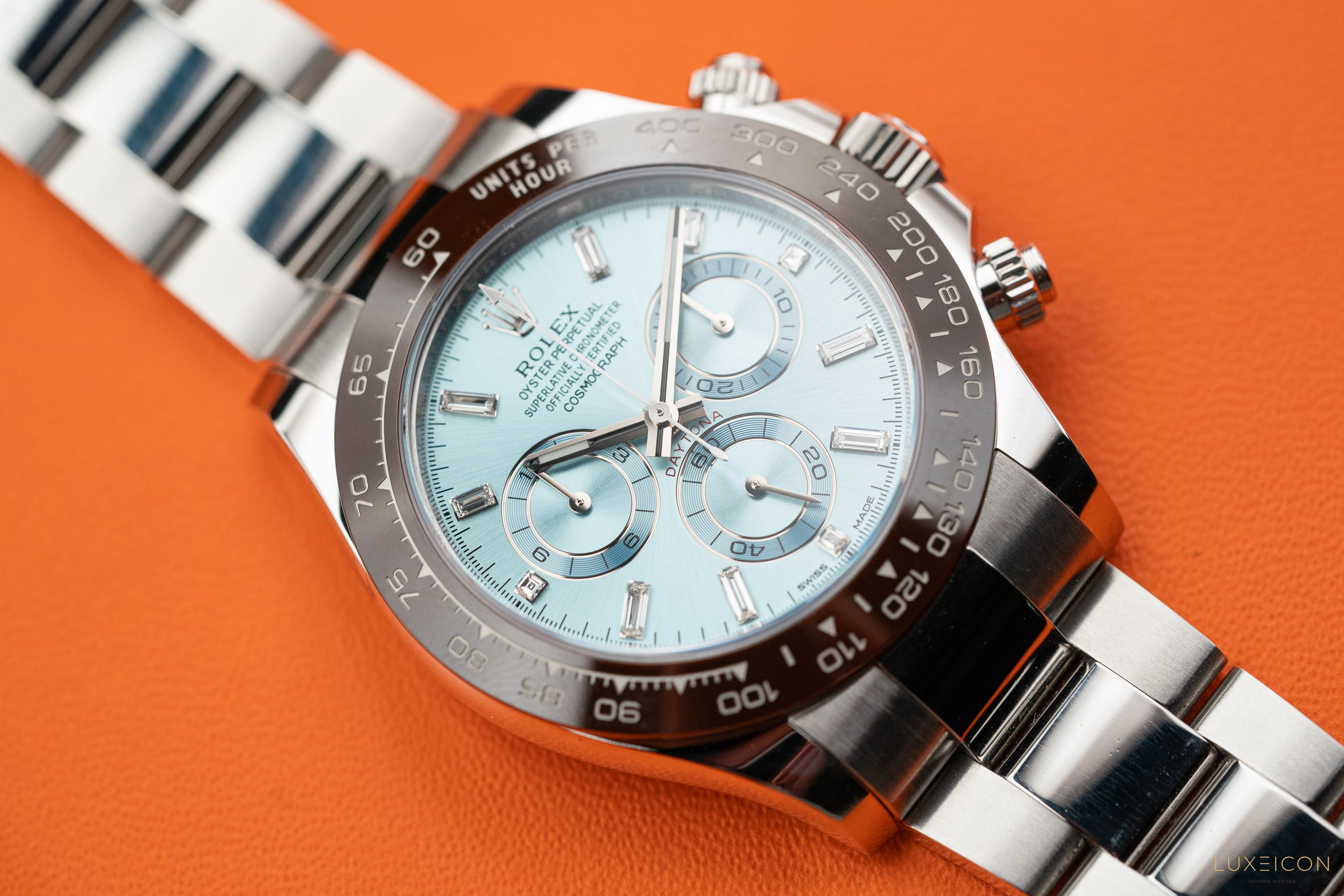 Rolex Daytona 40mm Ice Blue Baguette Index 116506 Platinum Oyster Bracelet