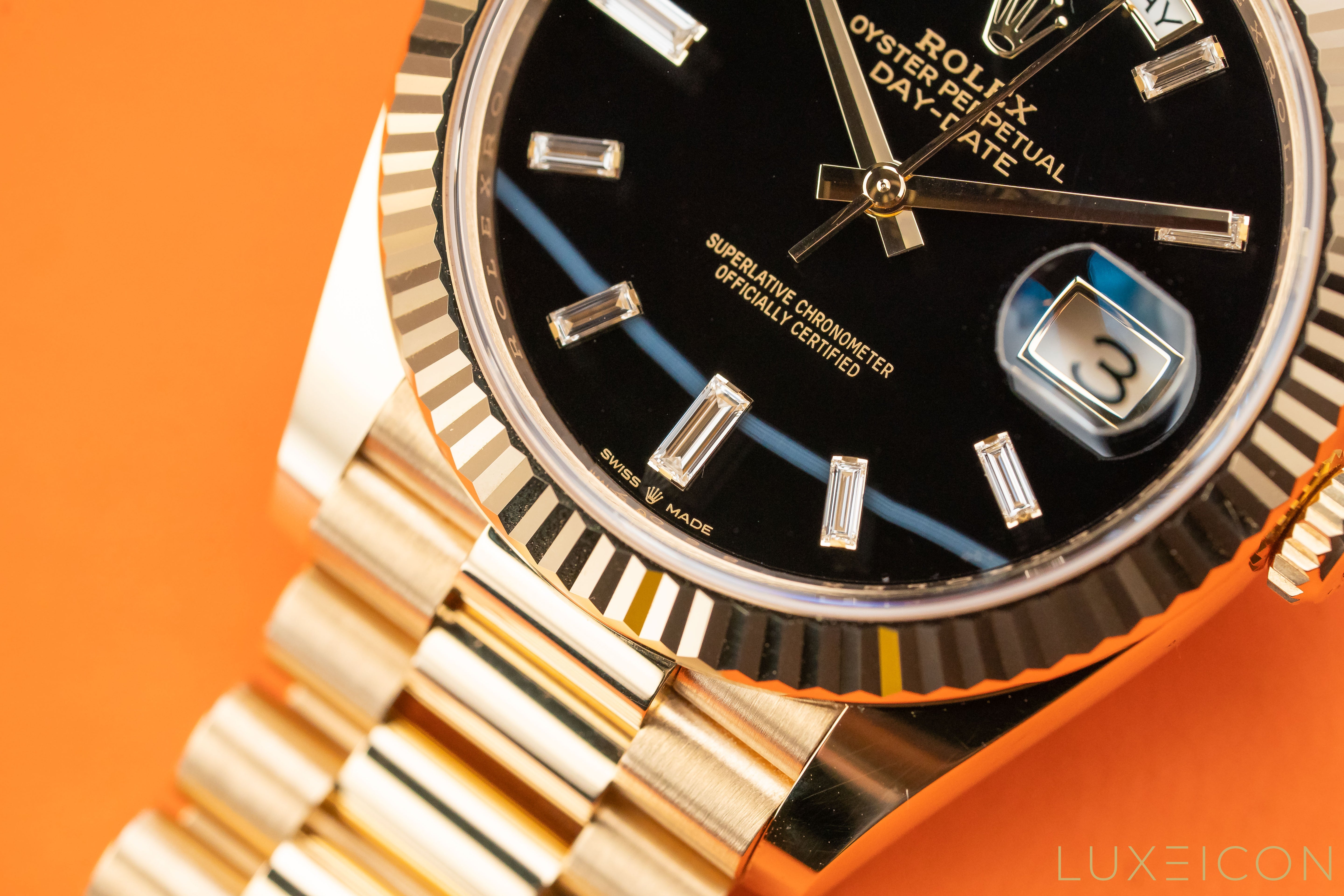 Rolex Day-Date Yellow Gold 40mm Black ONYX Baguette Dial 228238 2025