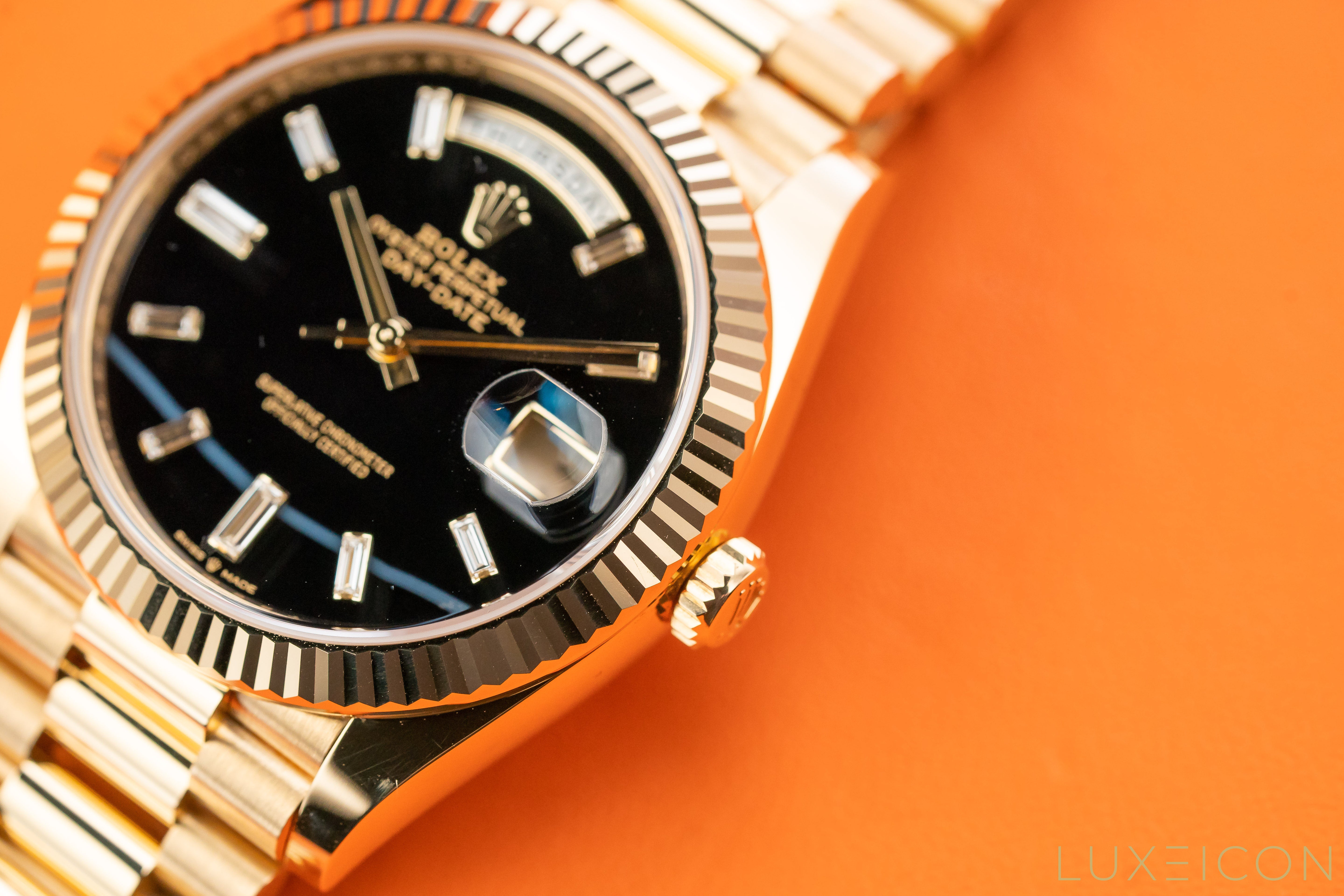 Rolex Day-Date Yellow Gold 40mm Black ONYX Baguette Dial 228238 2025