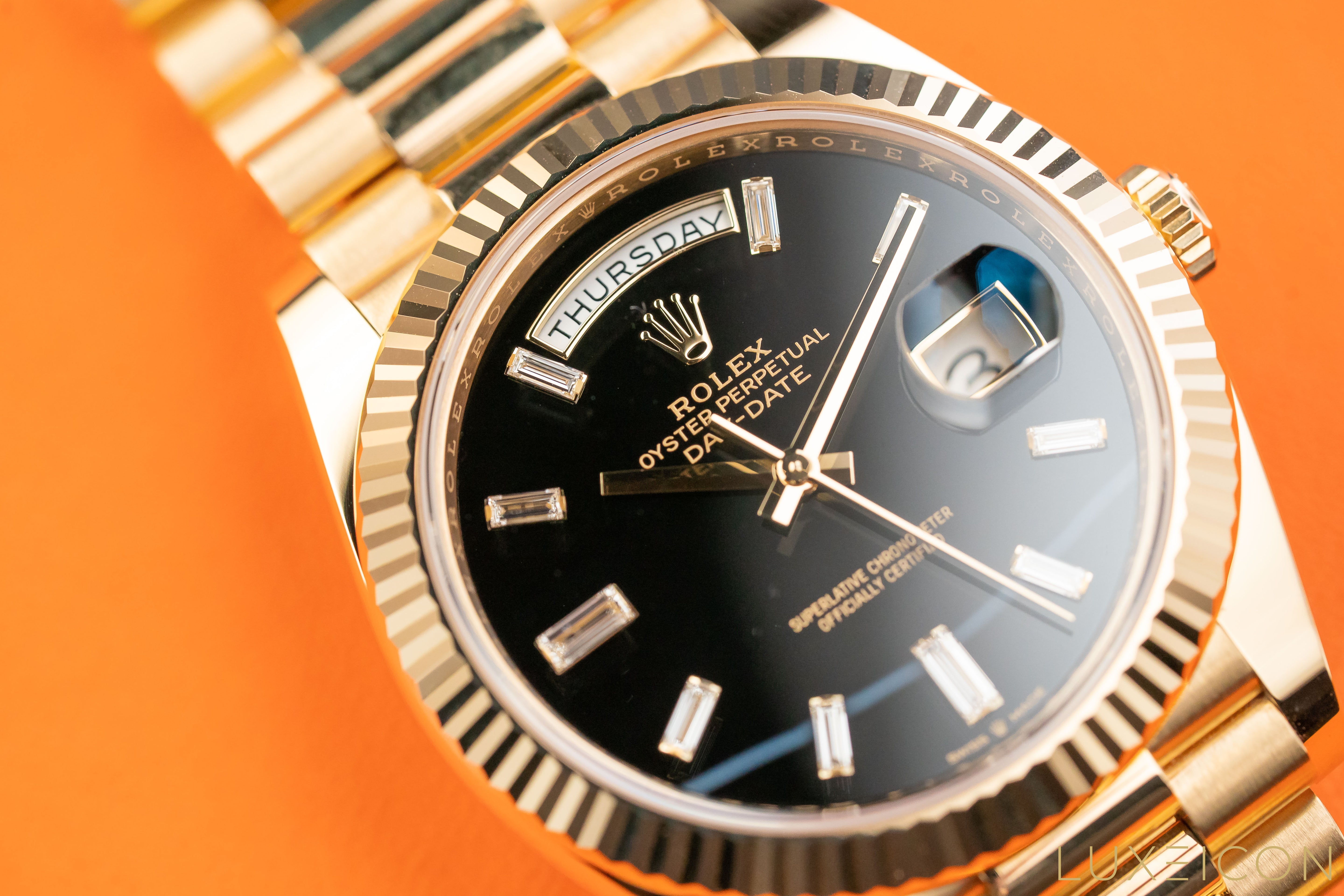 Rolex Day-Date Yellow Gold 40mm Black ONYX Baguette Dial 228238 2025