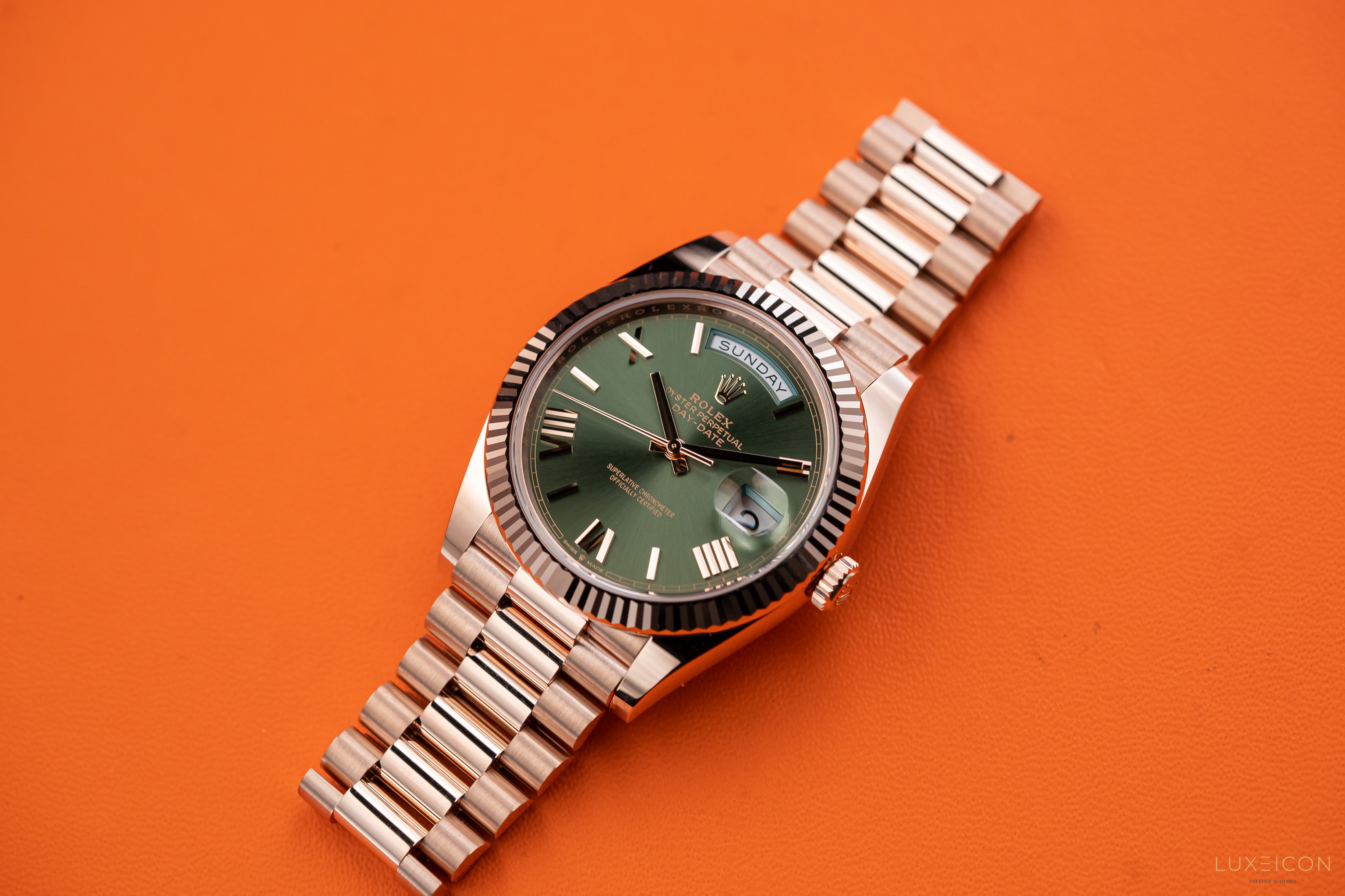 Rolex 228235 Day-Date 40 Olive Green Dial Rose Gold 40mm President 60th Anniversary