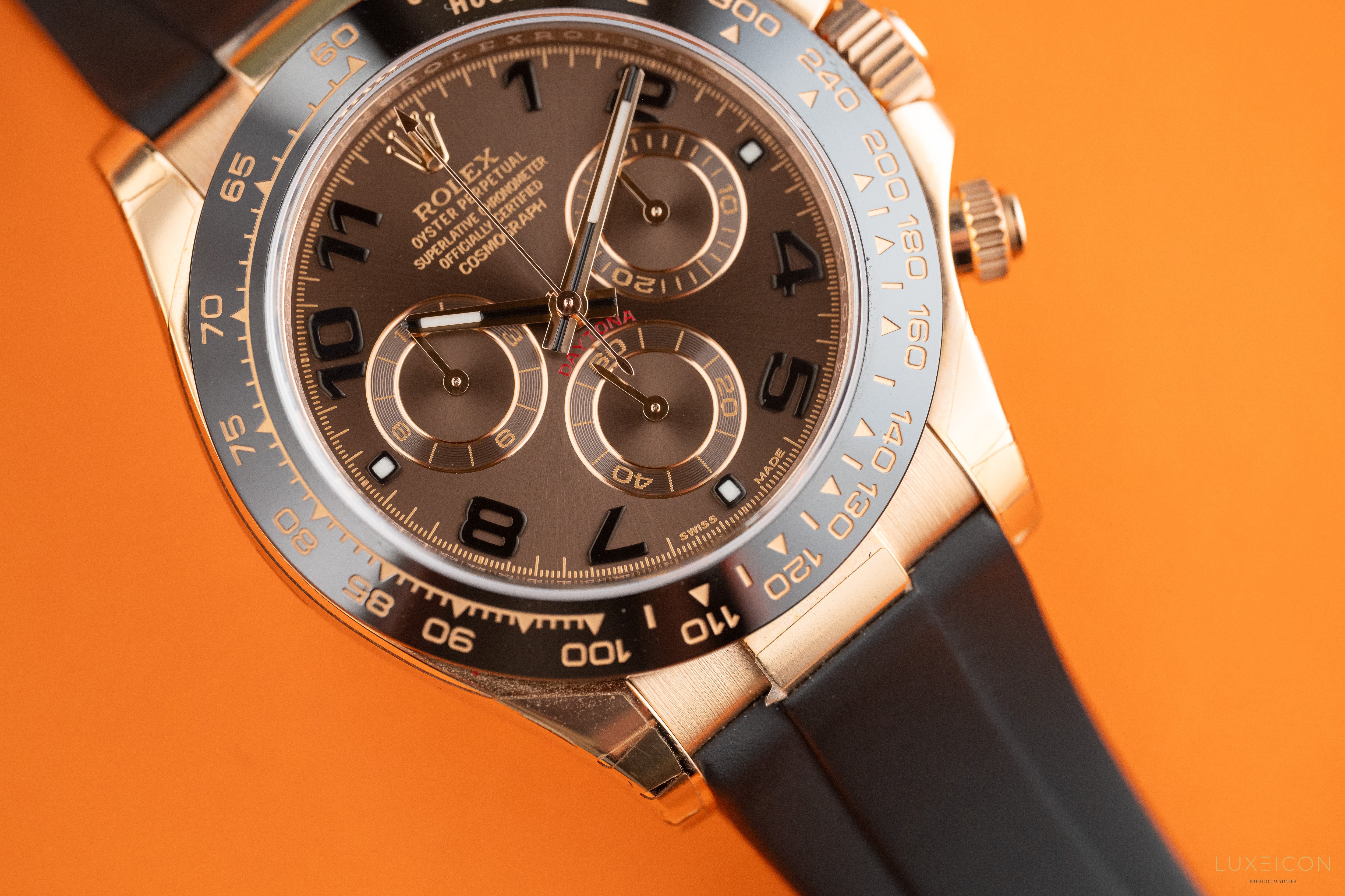 Rolex Daytona 40mm Ceramic Bezel Everose Gold Chocolate Arabic Dial Leather Band 116515LN