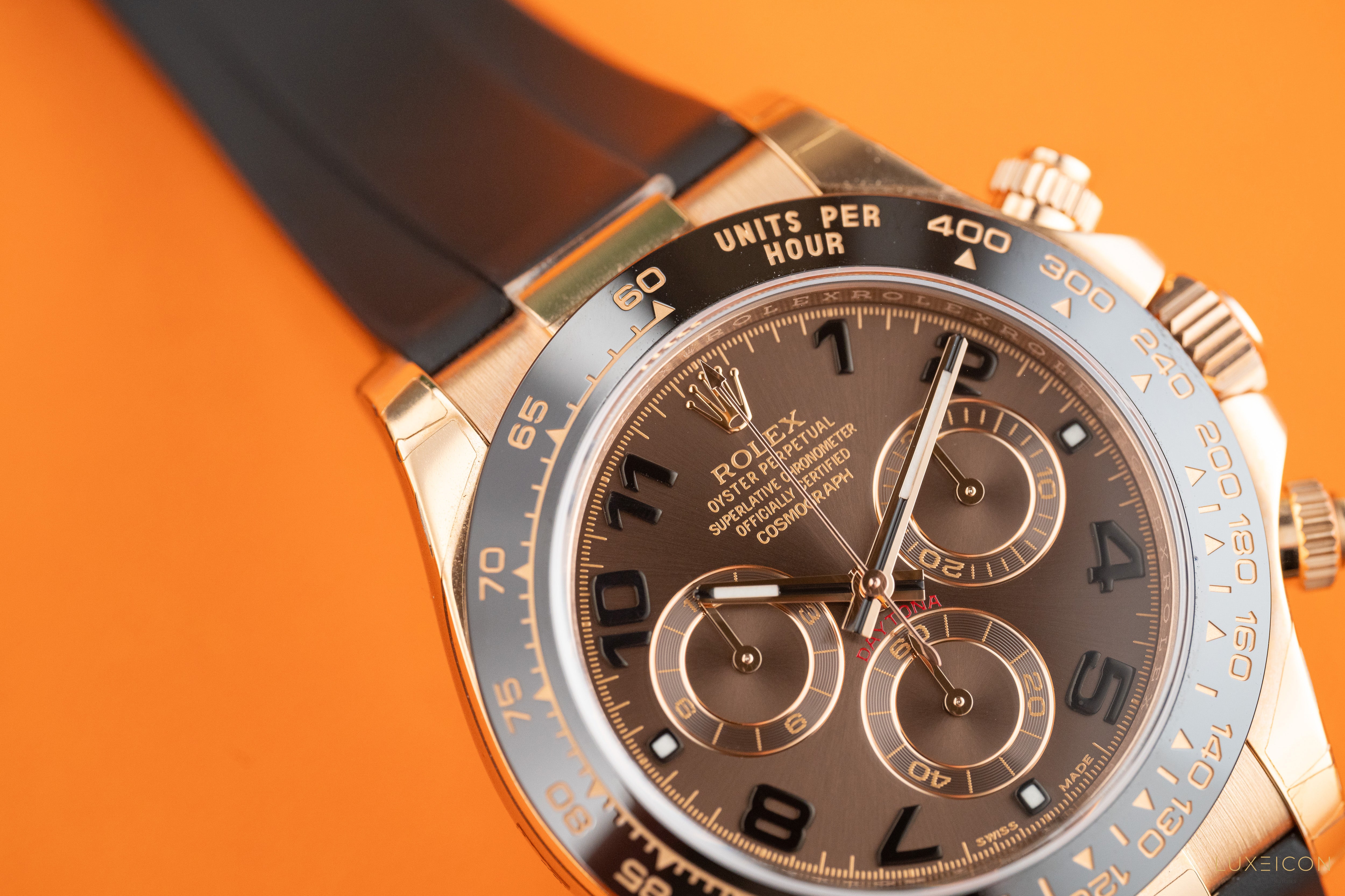 Rolex Daytona 40mm Ceramic Bezel Everose Gold Chocolate Arabic Dial Leather Band 116515LN