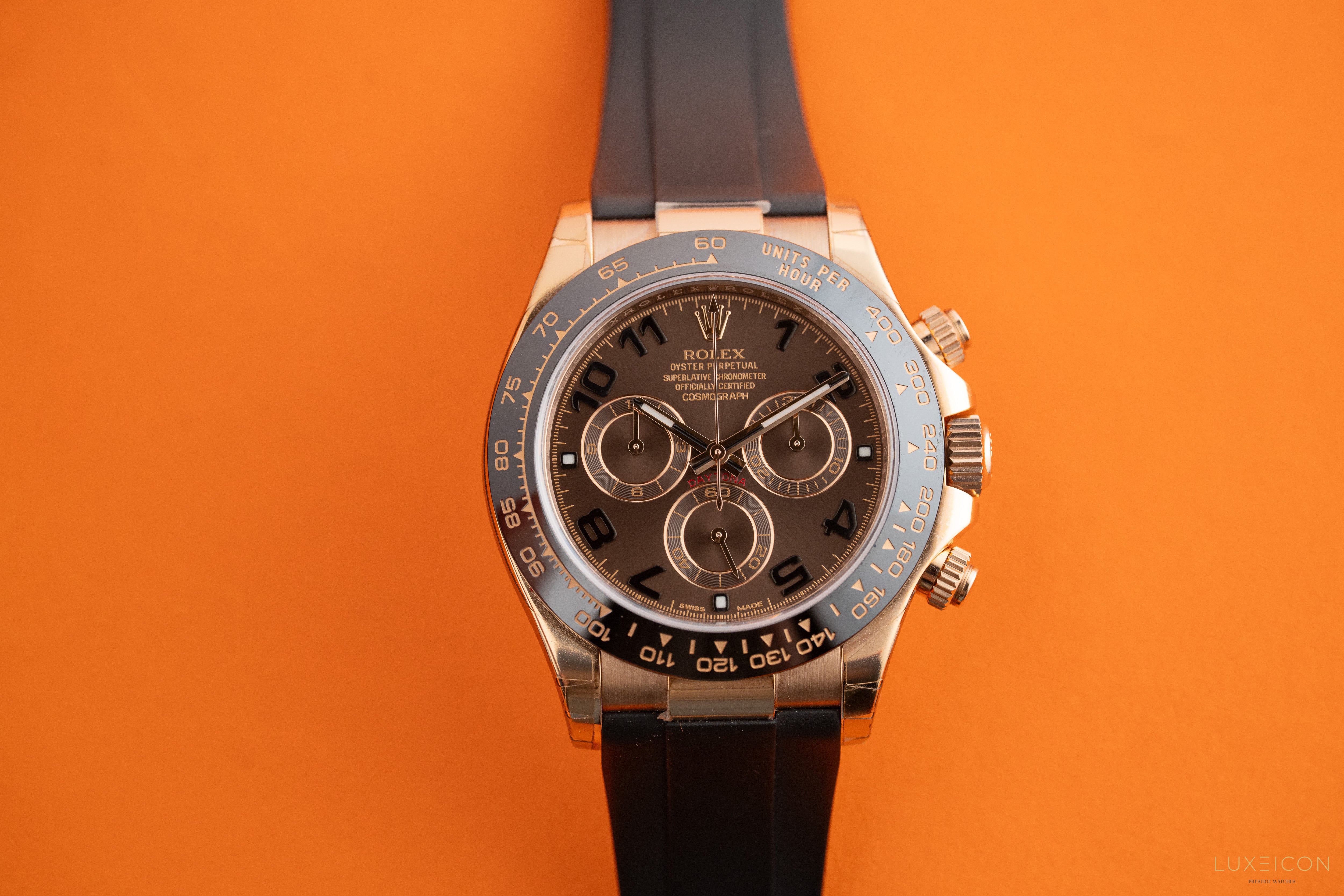 Rolex Daytona 40mm Ceramic Bezel Everose Gold Chocolate Arabic Dial Leather Band 116515LN