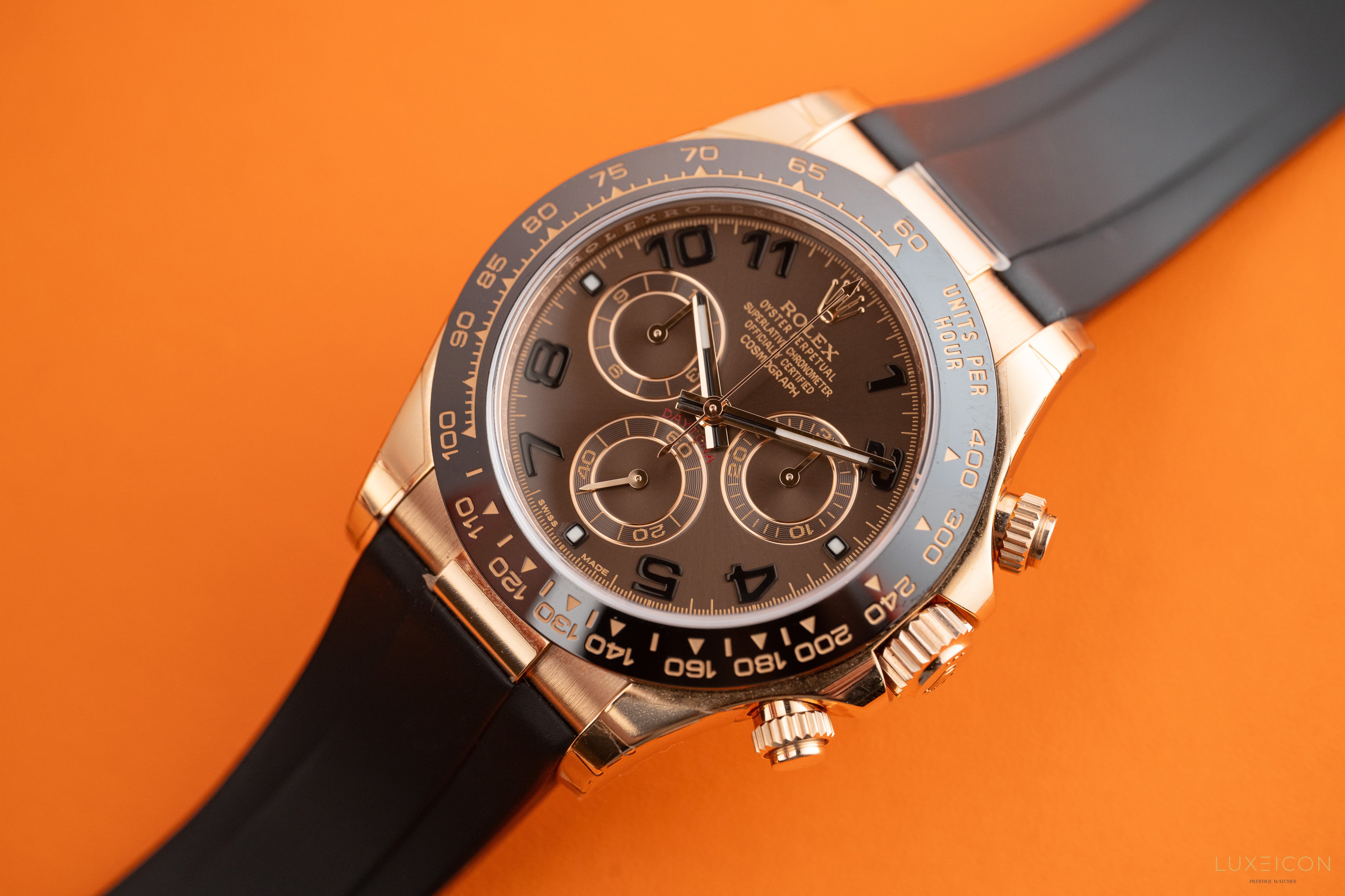 Rolex Daytona 40mm Ceramic Bezel Everose Gold Chocolate Arabic Dial Leather Band 116515LN