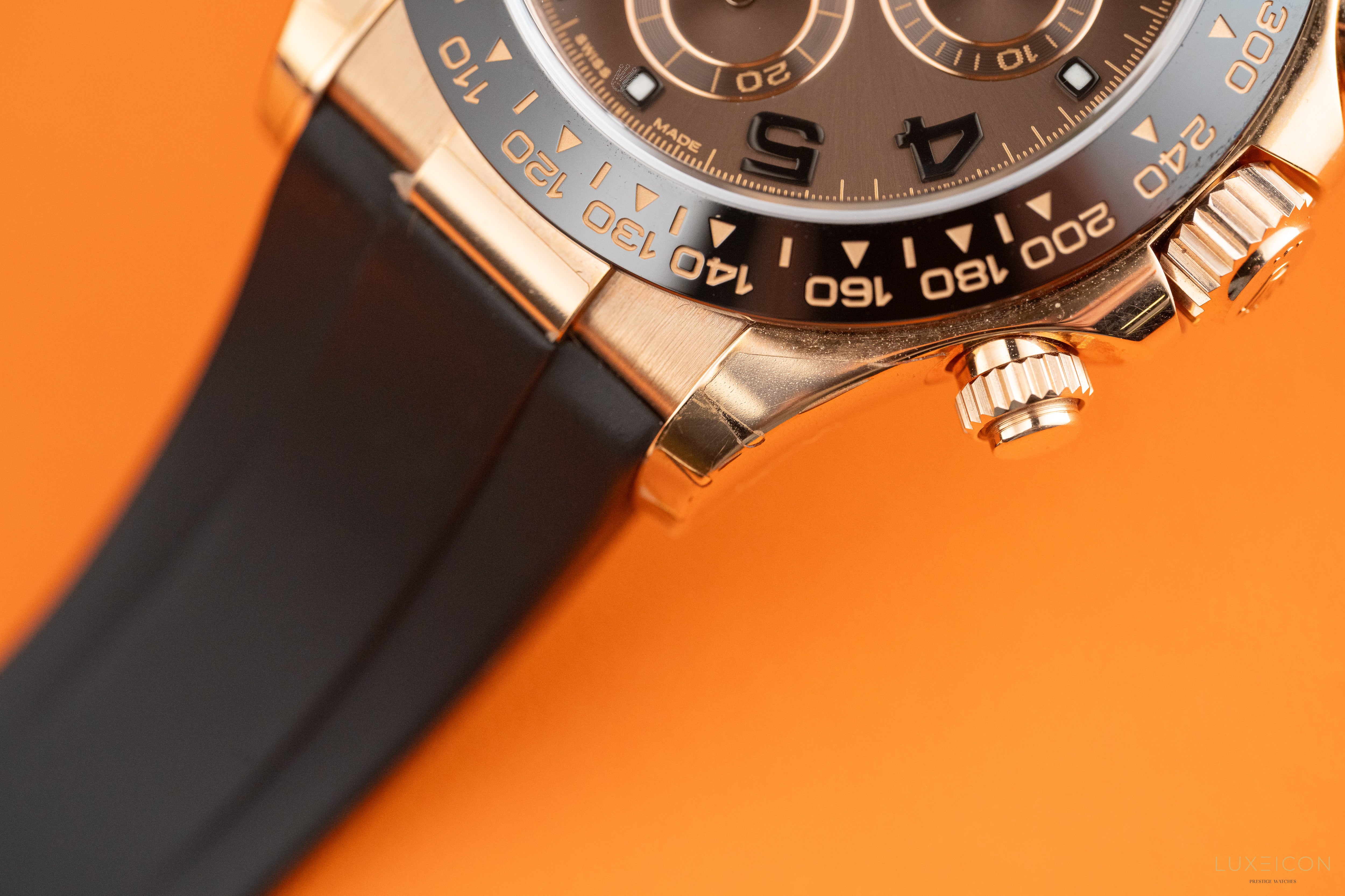 Rolex Daytona 40mm Ceramic Bezel Everose Gold Chocolate Arabic Dial Leather Band 116515LN