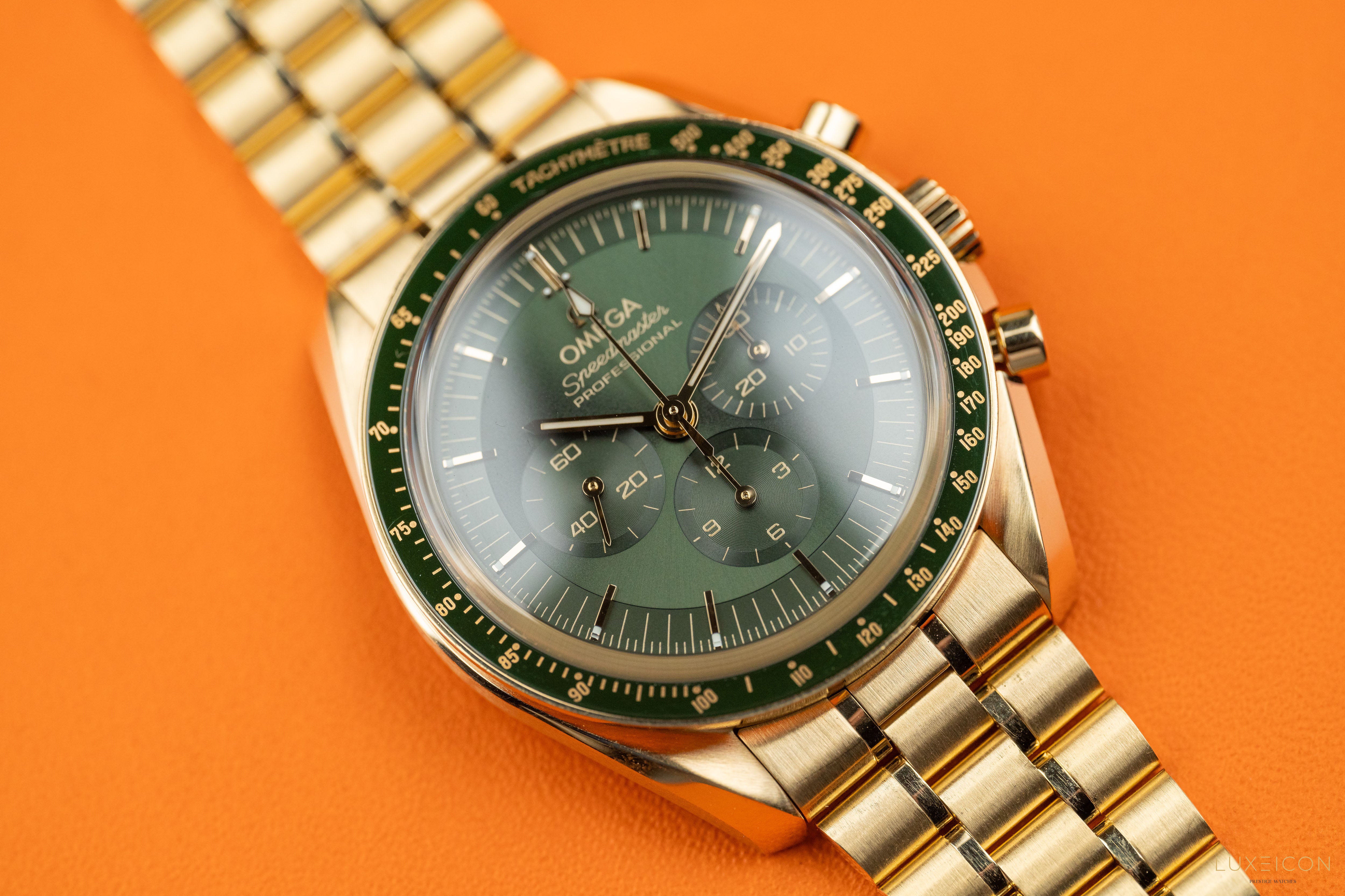 Omega Speedmaster Professional Moonwatch “Moonshine” Green dial 18k Yellow Gold