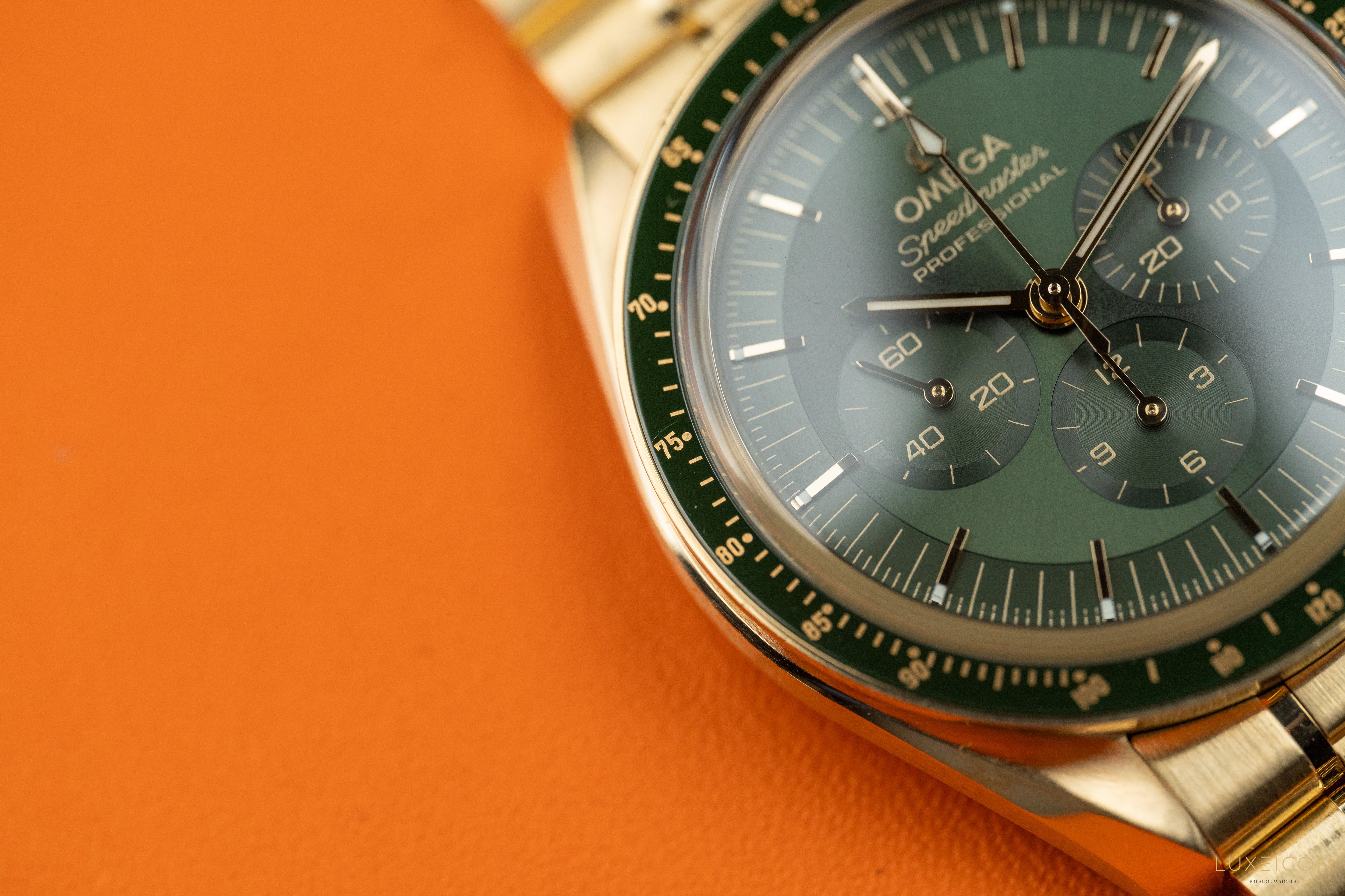 Omega Speedmaster Professional Moonwatch “Moonshine” Green dial 18k Yellow Gold