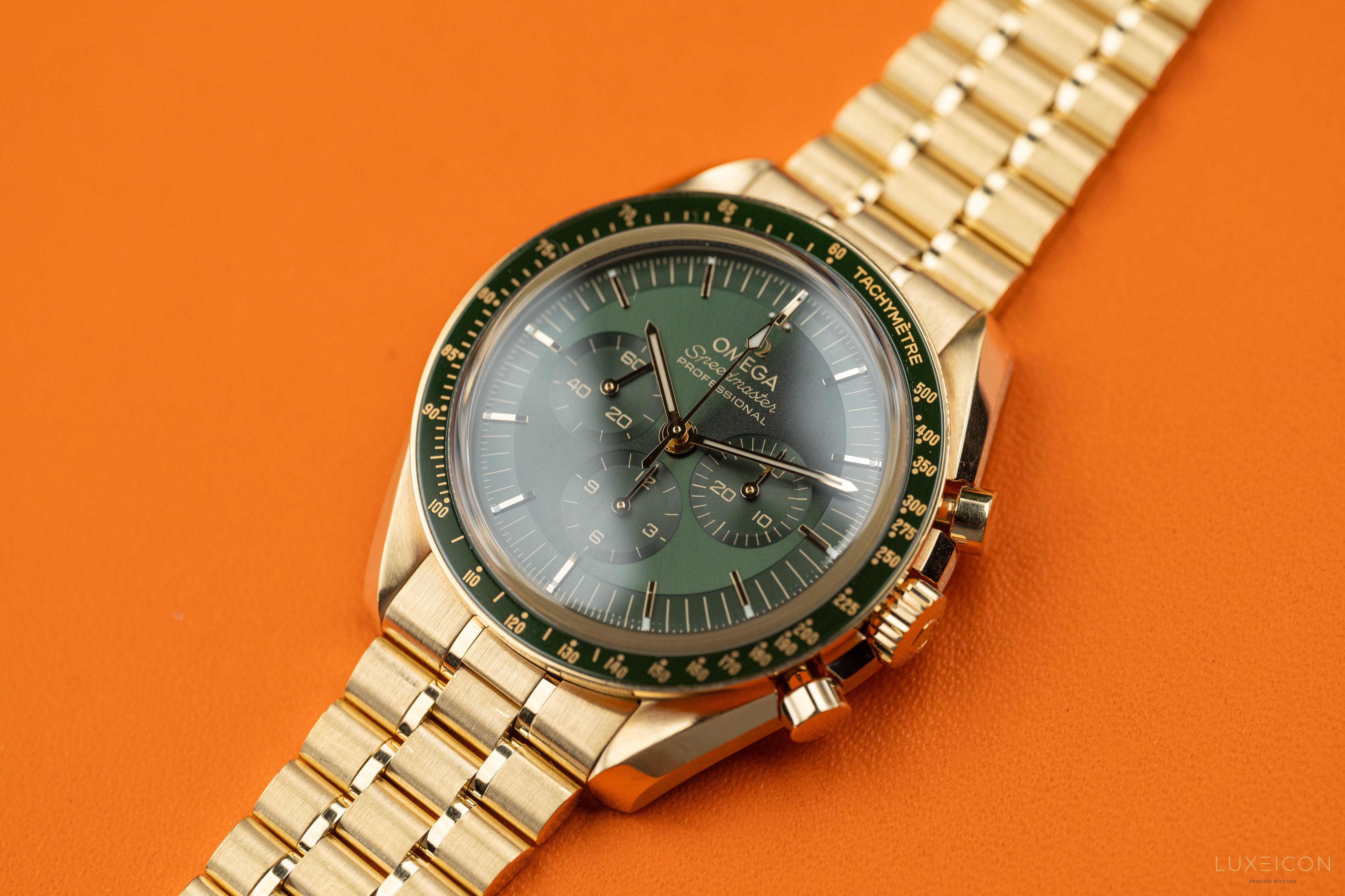 Omega Speedmaster Professional Moonwatch “Moonshine” Green dial 18k Yellow Gold