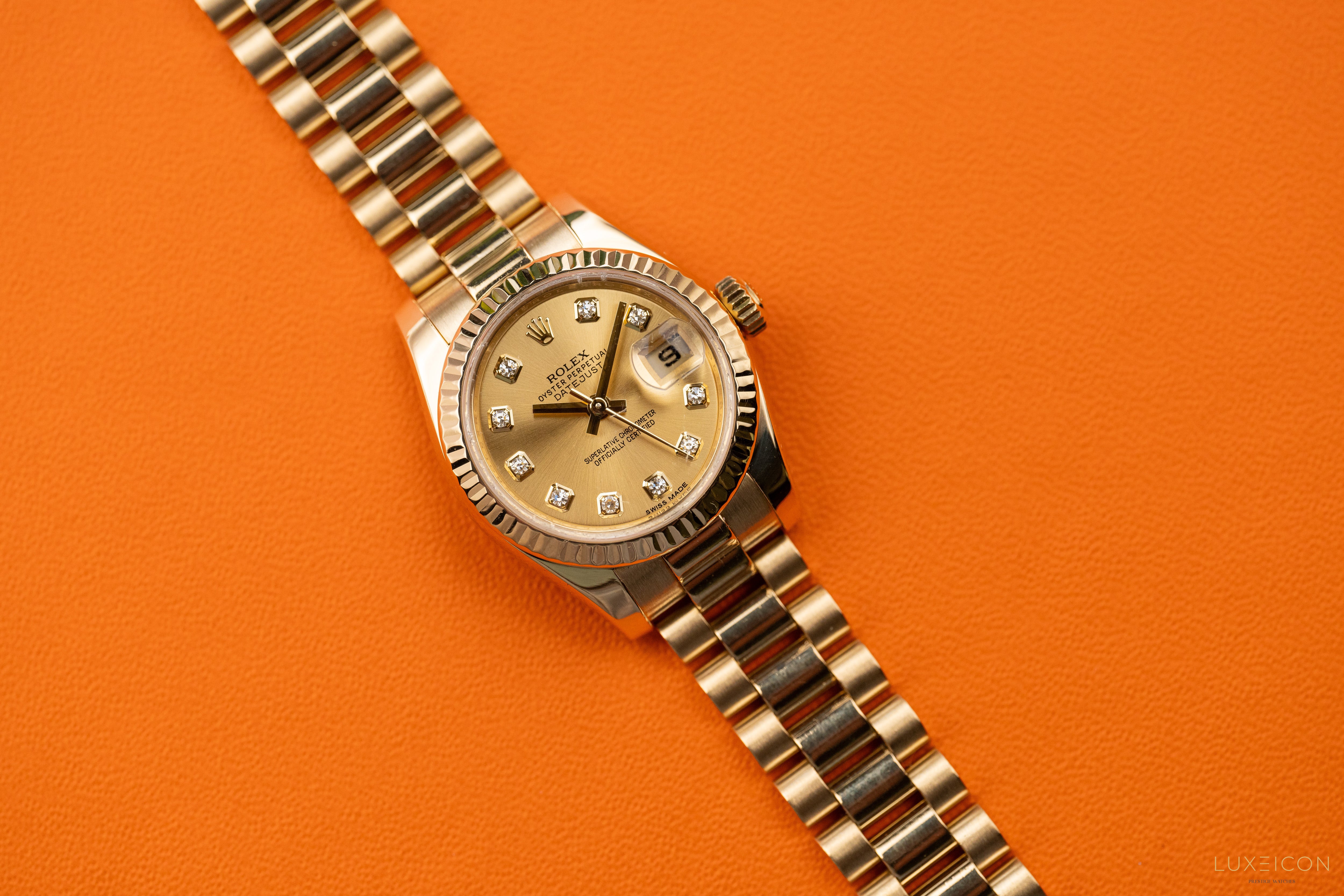 Rolex Lady-Datejust 18k Yellow Gold Factory Diamond Dial President Bracelet 179178