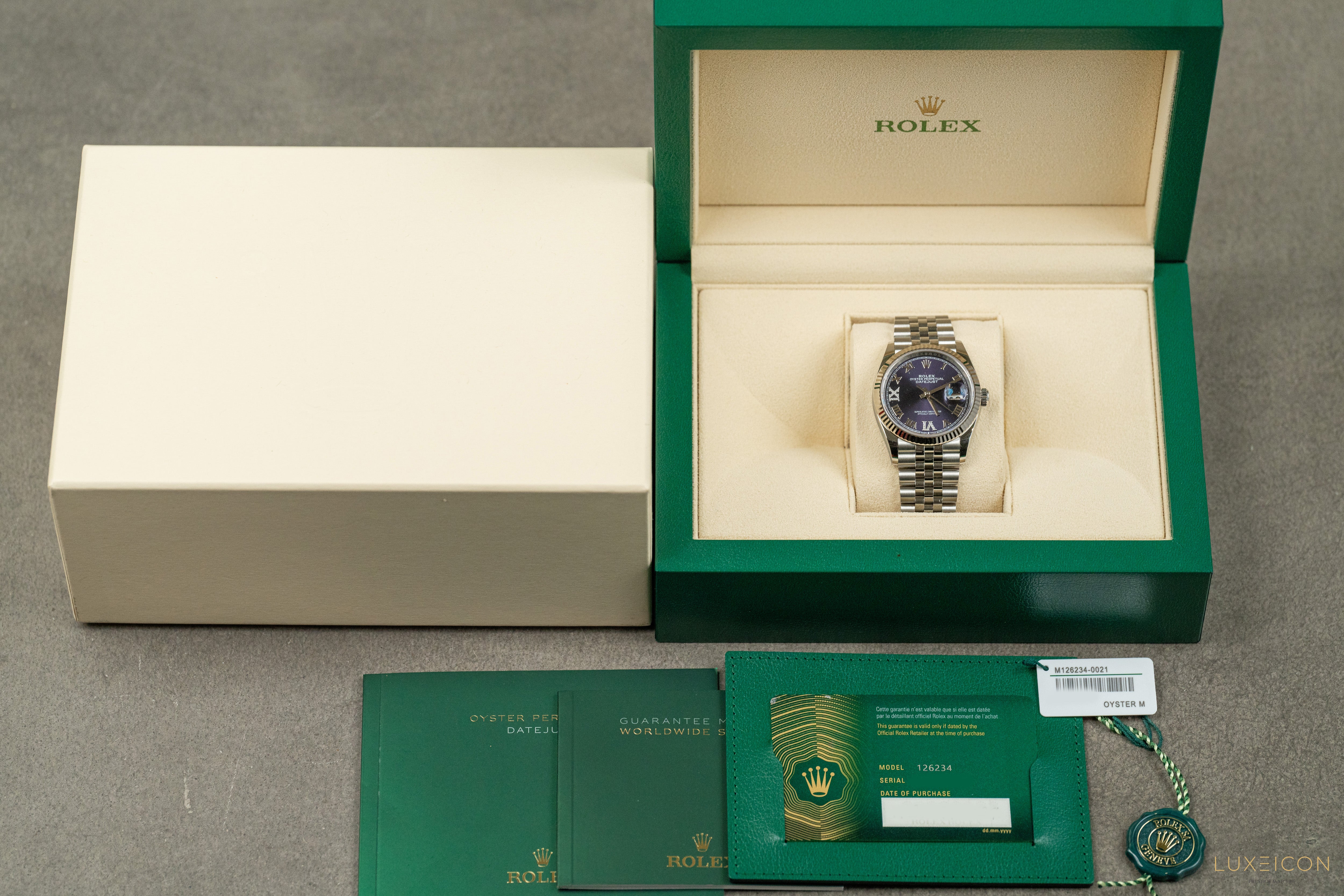 Rolex Datejust 36mm Purple Aubergine Roman Diamond VI And IX Dial 18k Fluted Jubilee