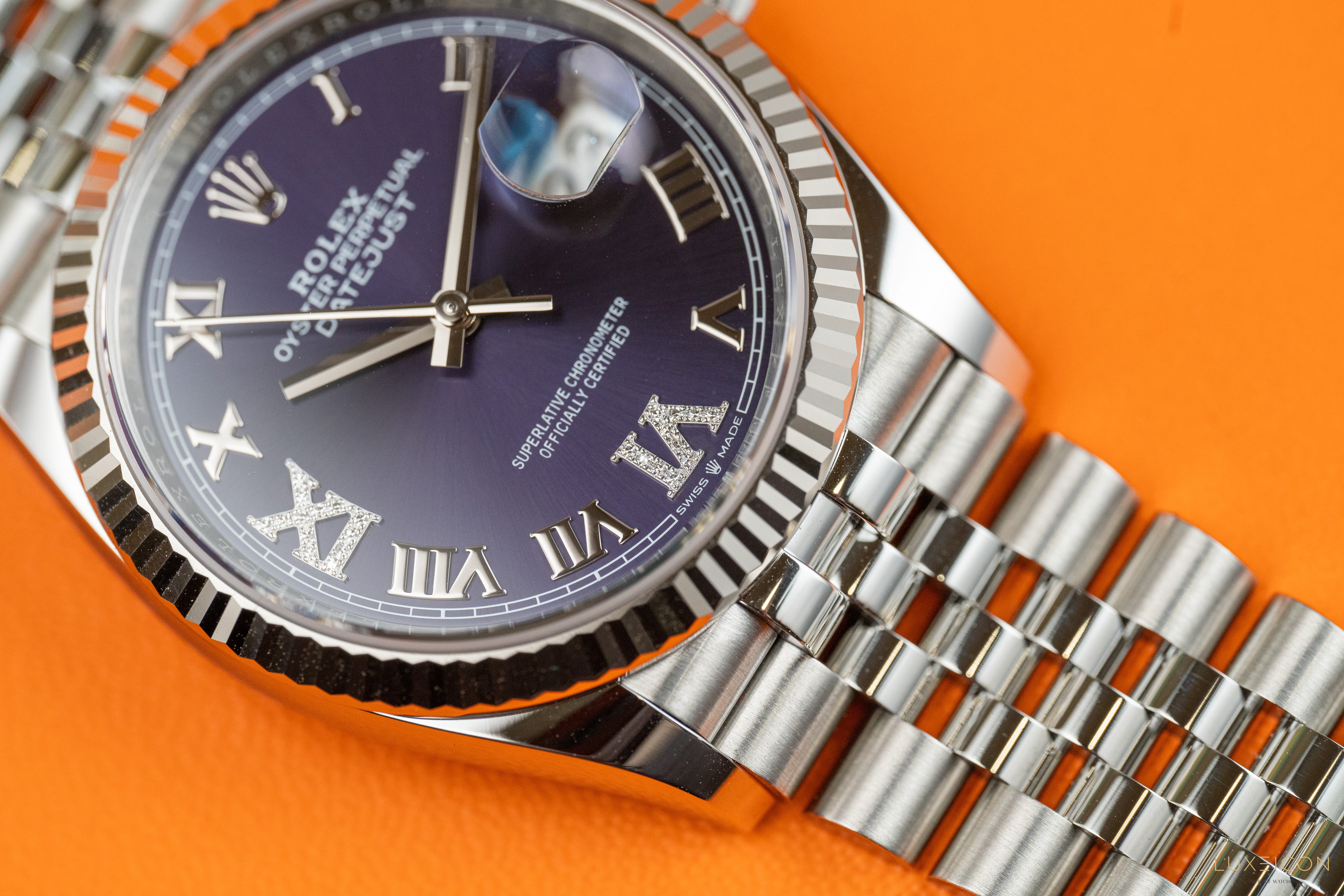 Rolex Datejust 36mm Purple Aubergine Roman Diamond VI And IX Dial 18k Fluted Jubilee