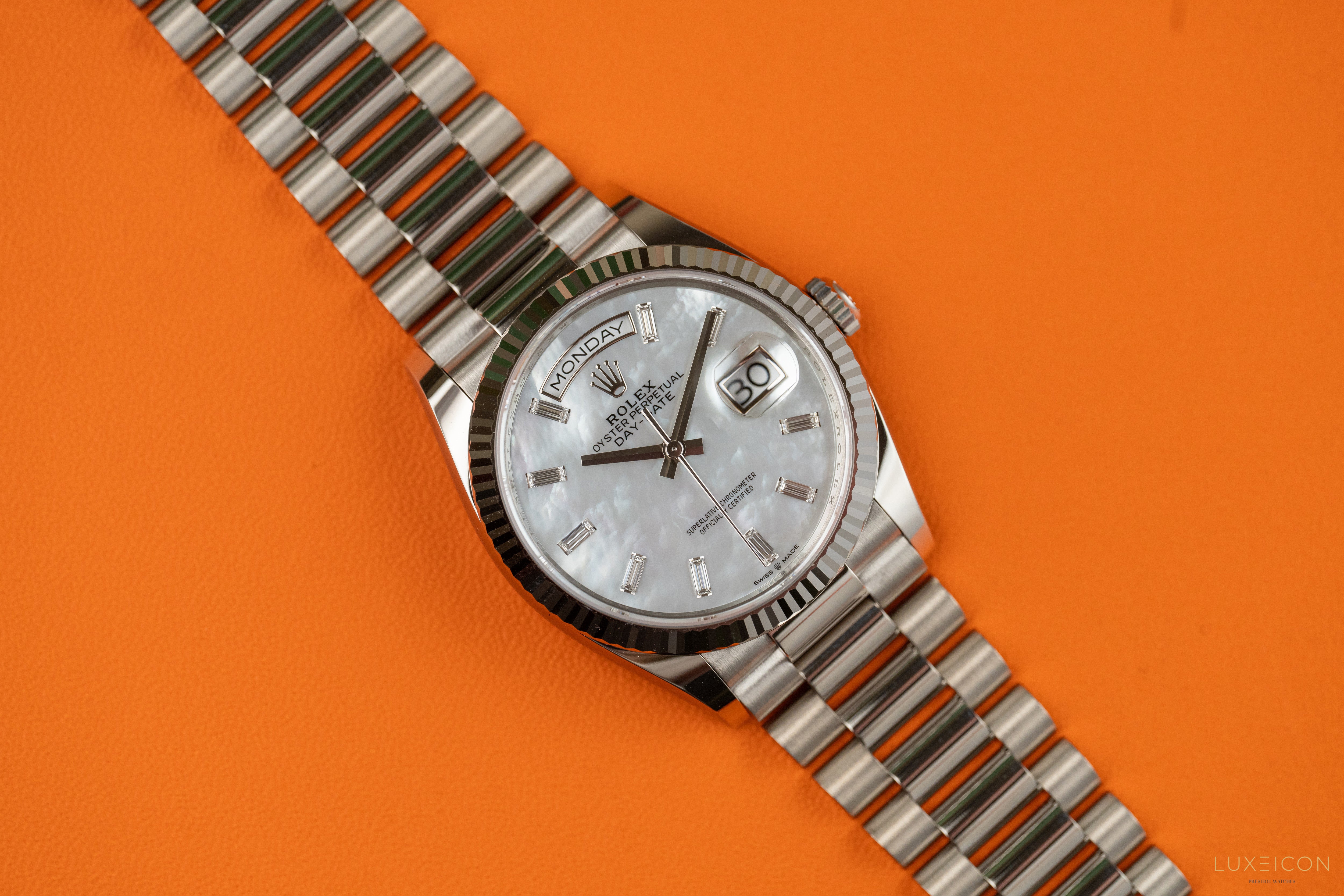 Rolex Day-Date 36mm white gold Mother of Pearl Diamond Baguette Dial 128239