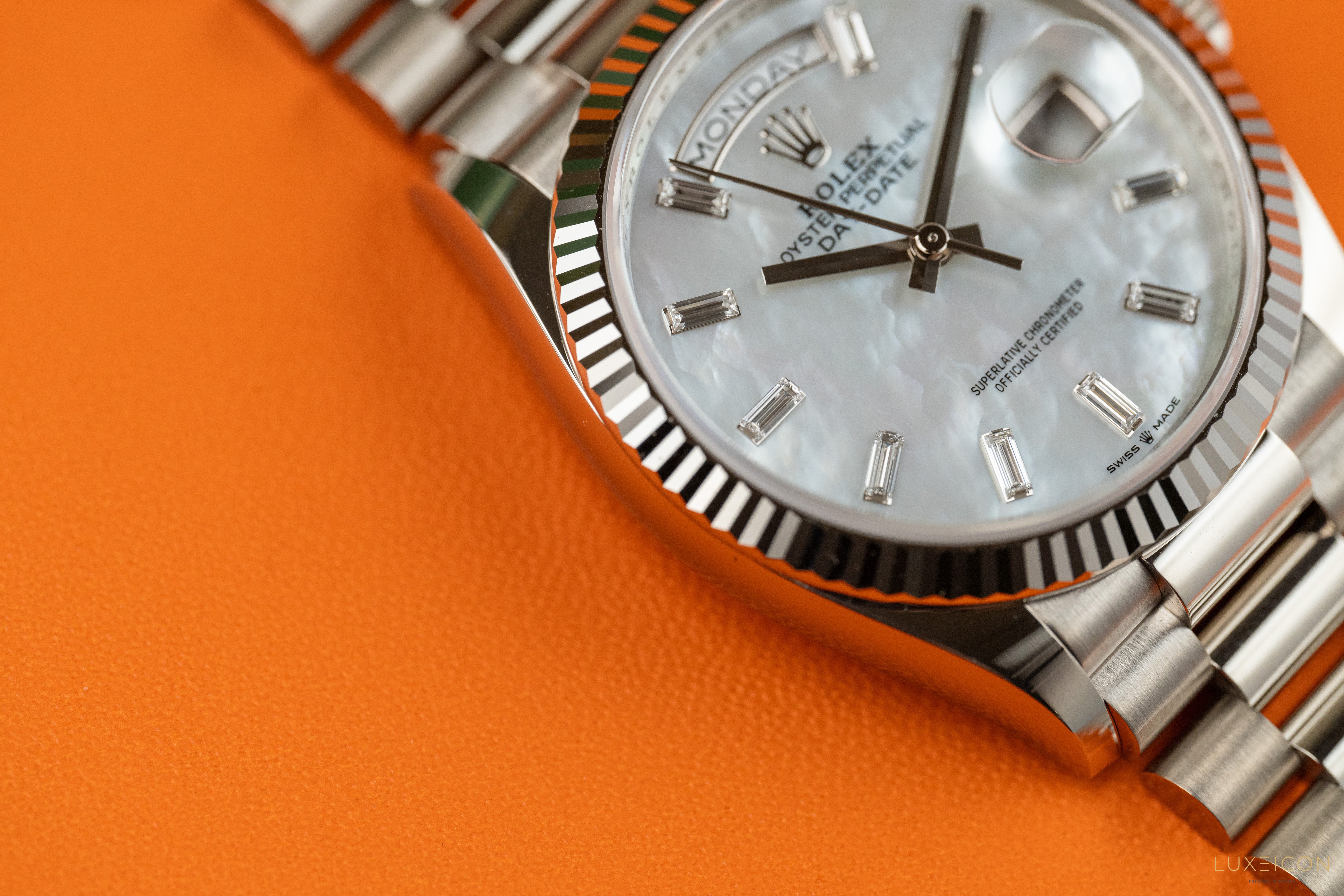 Rolex Day-Date 36mm white gold Mother of Pearl Diamond Baguette Dial 128239